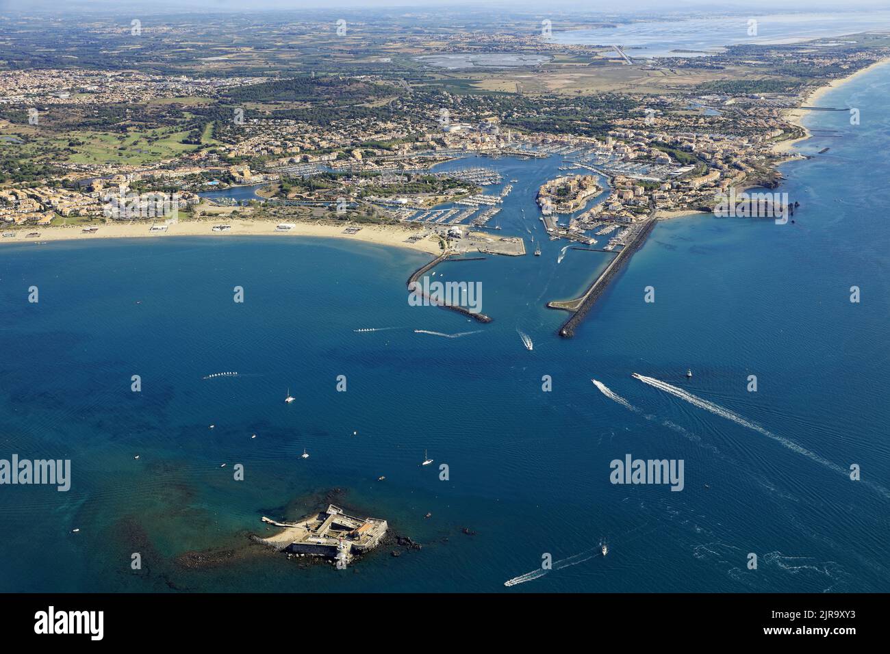 Le Cap d'Agde in the Herault department (south-eastern France): aerial view of the seaside resort and the marina. Stock Photo