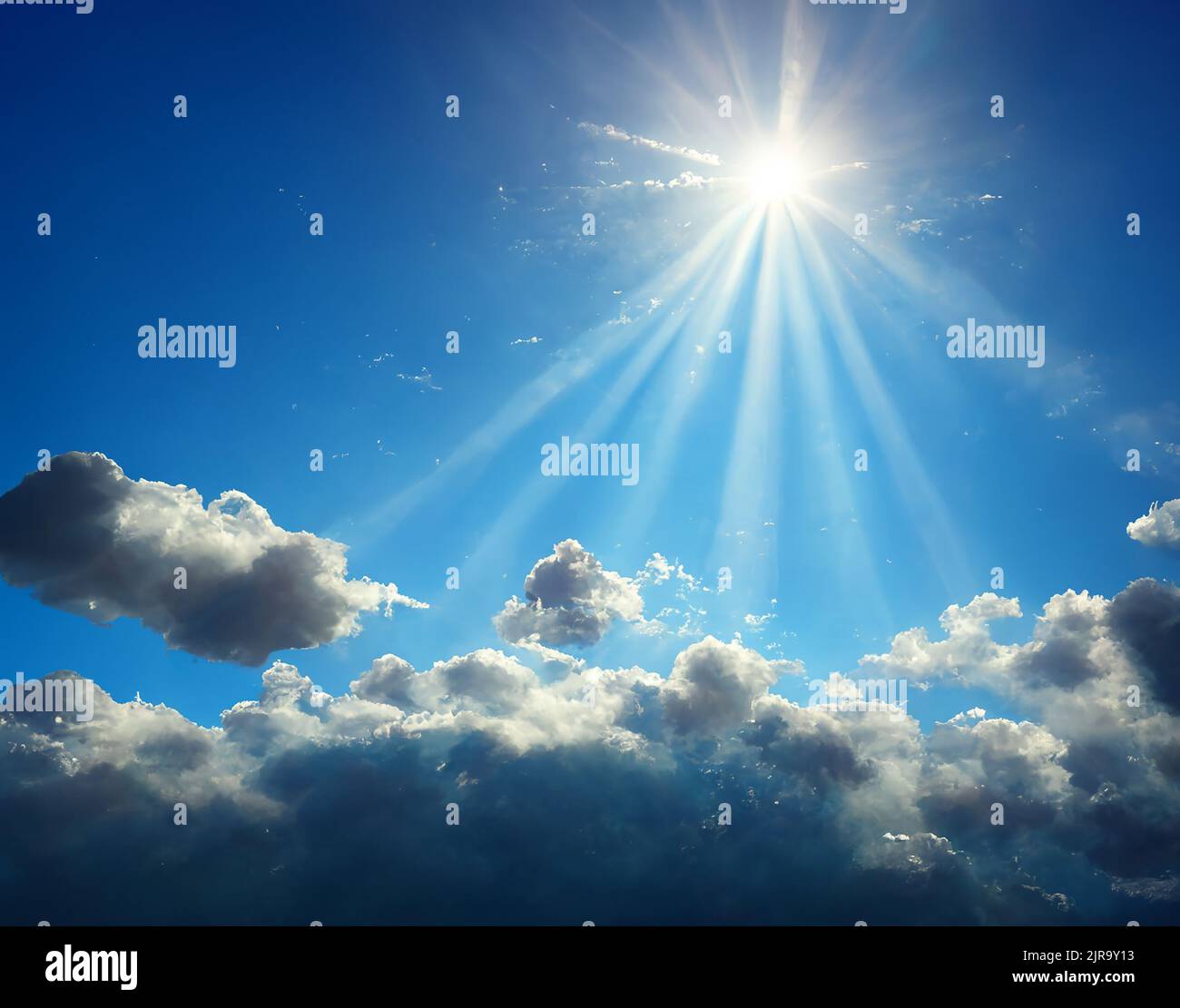 Blue sky with clouds and sun. Stock Photo