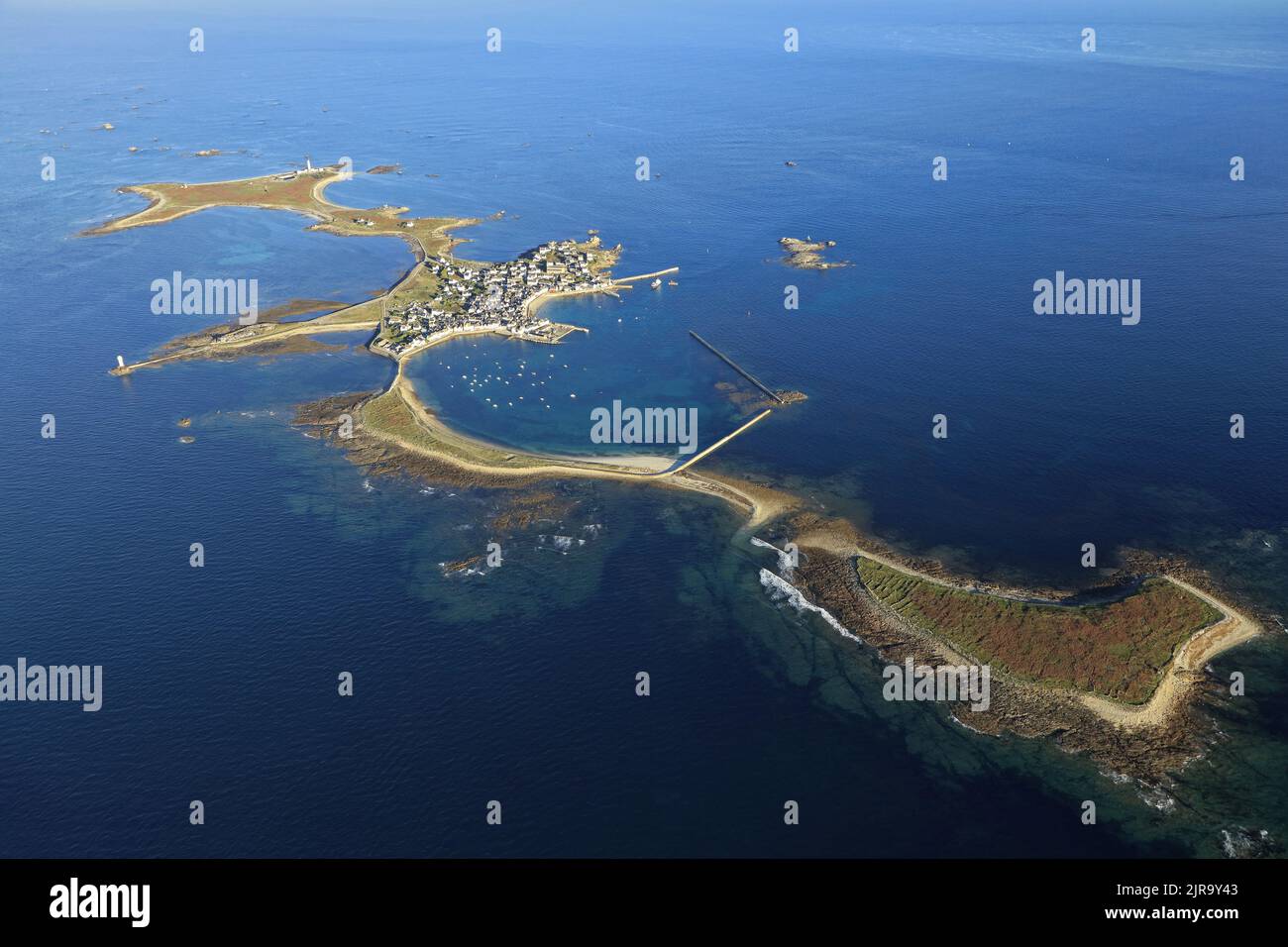 Finistere (Brittany, north-western France): aerial view of the 'Ile de Sein' island, south-east of the Celtic Sea. Top right of the picture, the islet Stock Photo