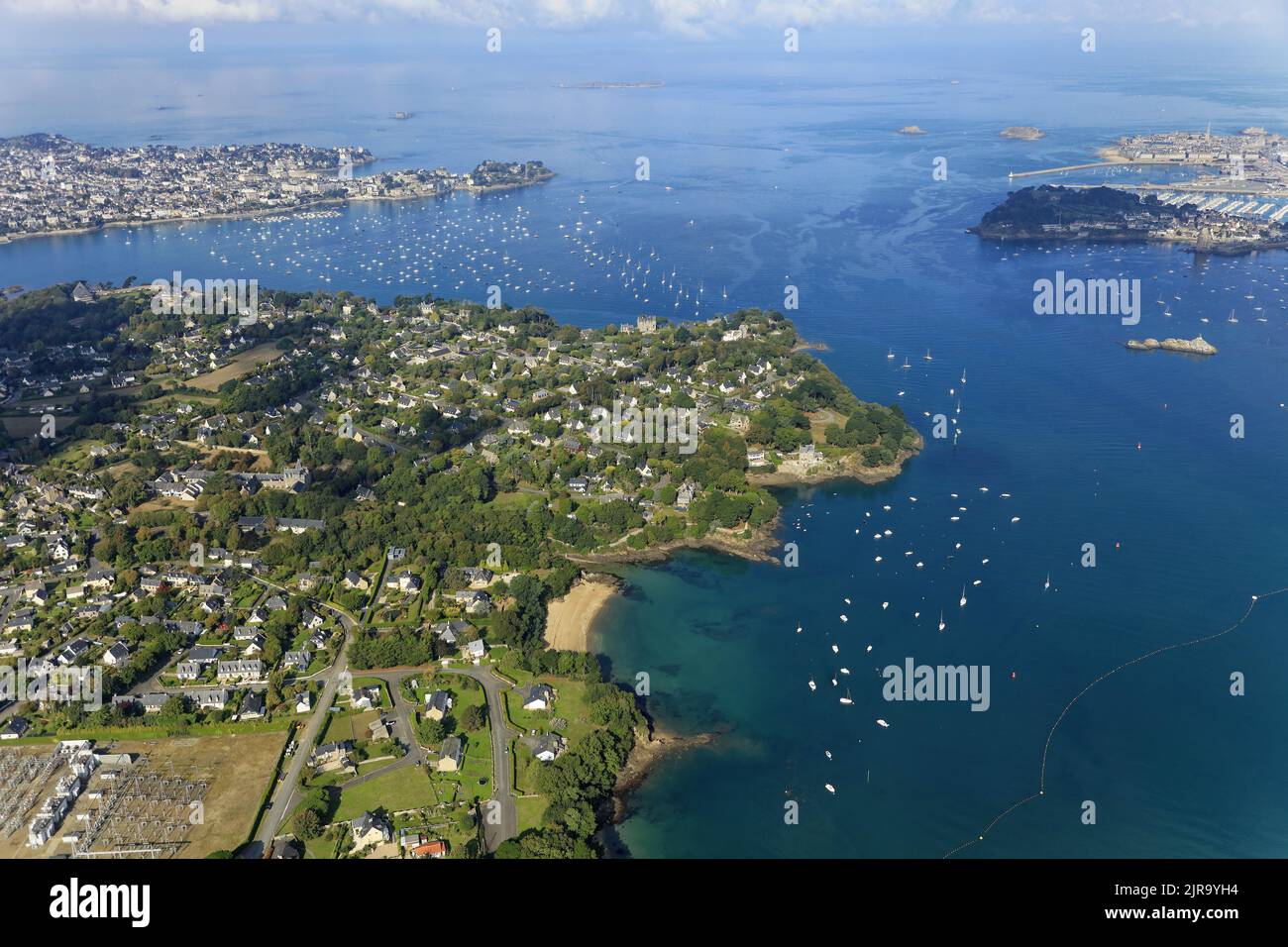 Dinard (Brittany, north-western France): aerial view of the 'pointe de la Jument' headland at the Rance mouth, near the dam and the tidal power plant, Stock Photo