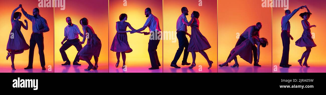 Set with images of stylish man and woman dancing lindy hop over orange background in neon light. Art, dance, retro, vintage style and fashion. Stock Photo