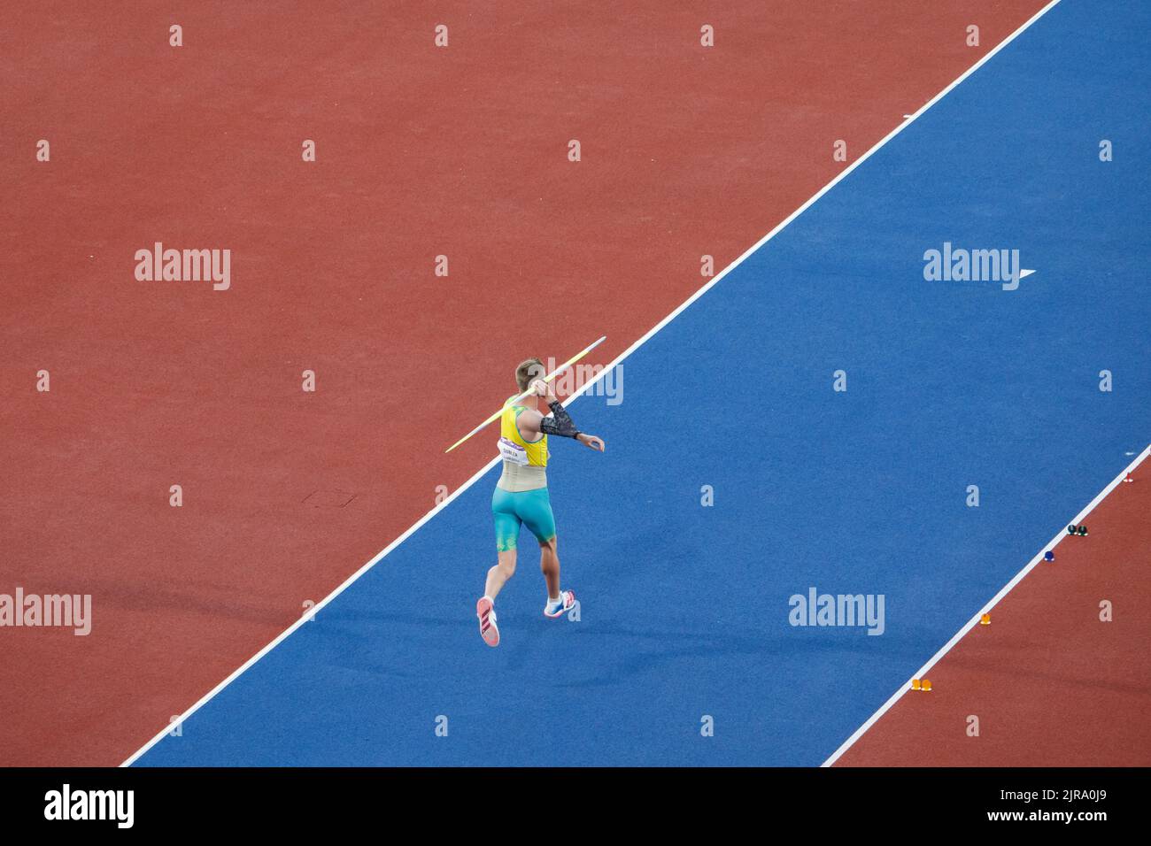 Action from the Birmingham Commonwealth Games at Alexander sports stadium on the evening of 5th August 2022. Picture shows Cedric Dubler from Autrailia taking part in the javelin in the mens decathlon. Stock Photo