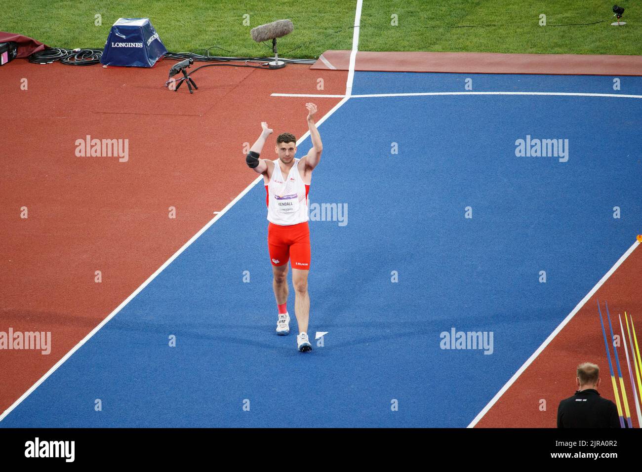 Action from the Birmingham Commonwealth Games at Alexander sports stadium on the evening of 5th August 2022. Picture shows Harry Kendall of England taking part in the Javelin throw in the mens decathlon. Stock Photo