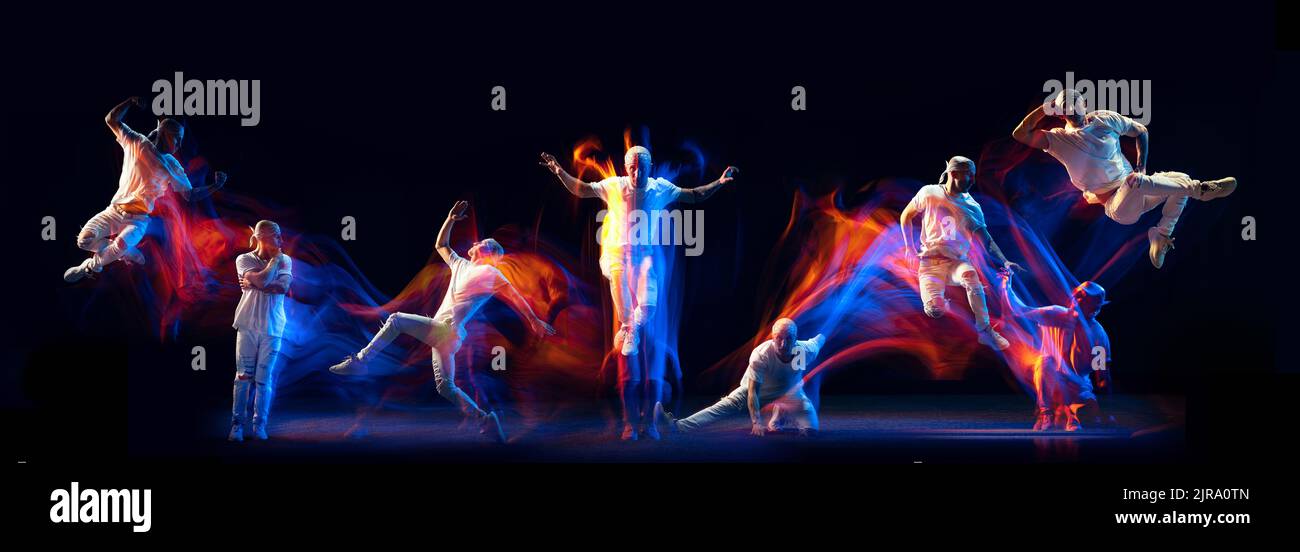 In action. Flyer with images of young man dancing breakdance in white ...