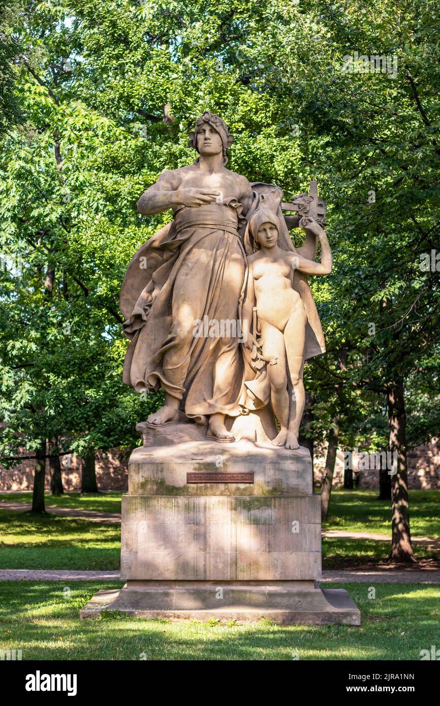 sculpture of slavic mythical figures - statues of Lumir and Song on pedestal in Vysehrad, Prague, Czech republic Stock Photo