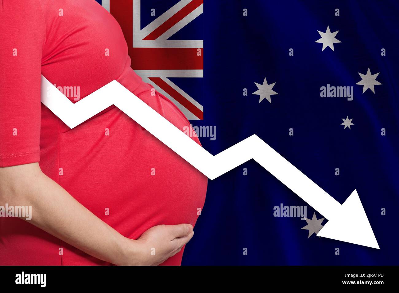 Australian pregnant woman on Australian flag background. Falling