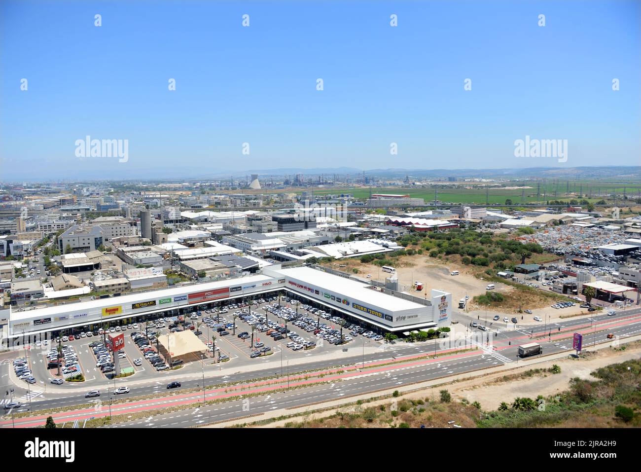 An aerial view of a shopping center on Israel bar Yehuda Road in Haifa, Israel. Stock Photo