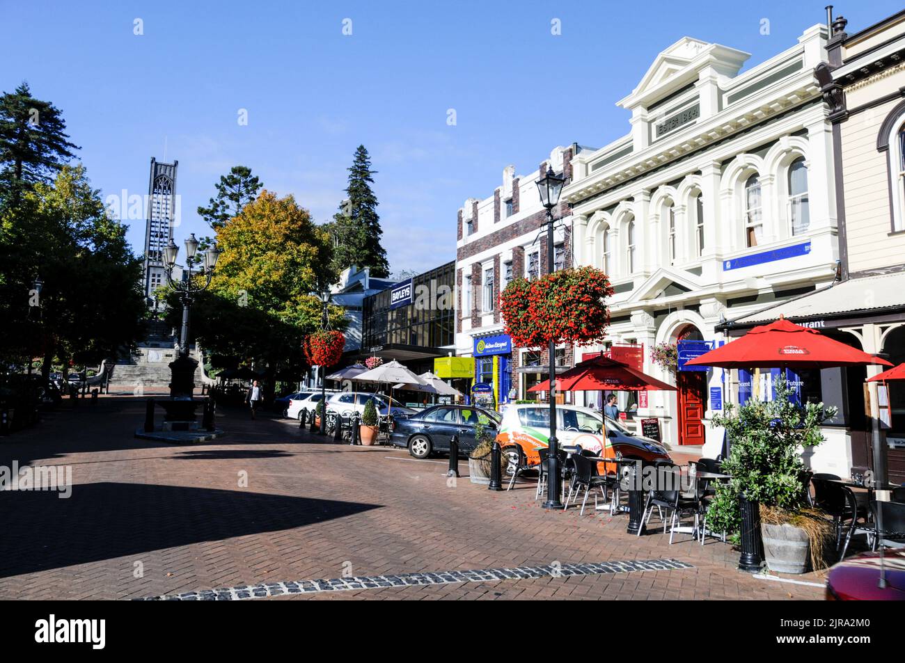 Trafalgar Street in Nelson and Christchurch Cathedral at the end of the street on South Island in New Zealand Stock Photo