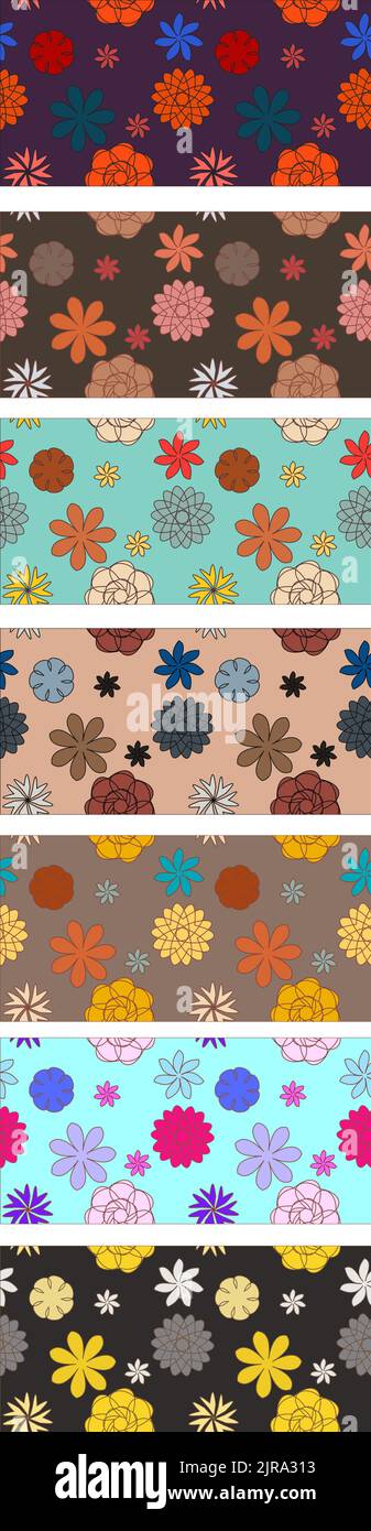 Vector seamless pattern with flowers,set in difference colors. flat illustration. with colors brown, yellow, green, black, orange, blue, pink and purp Stock Vector