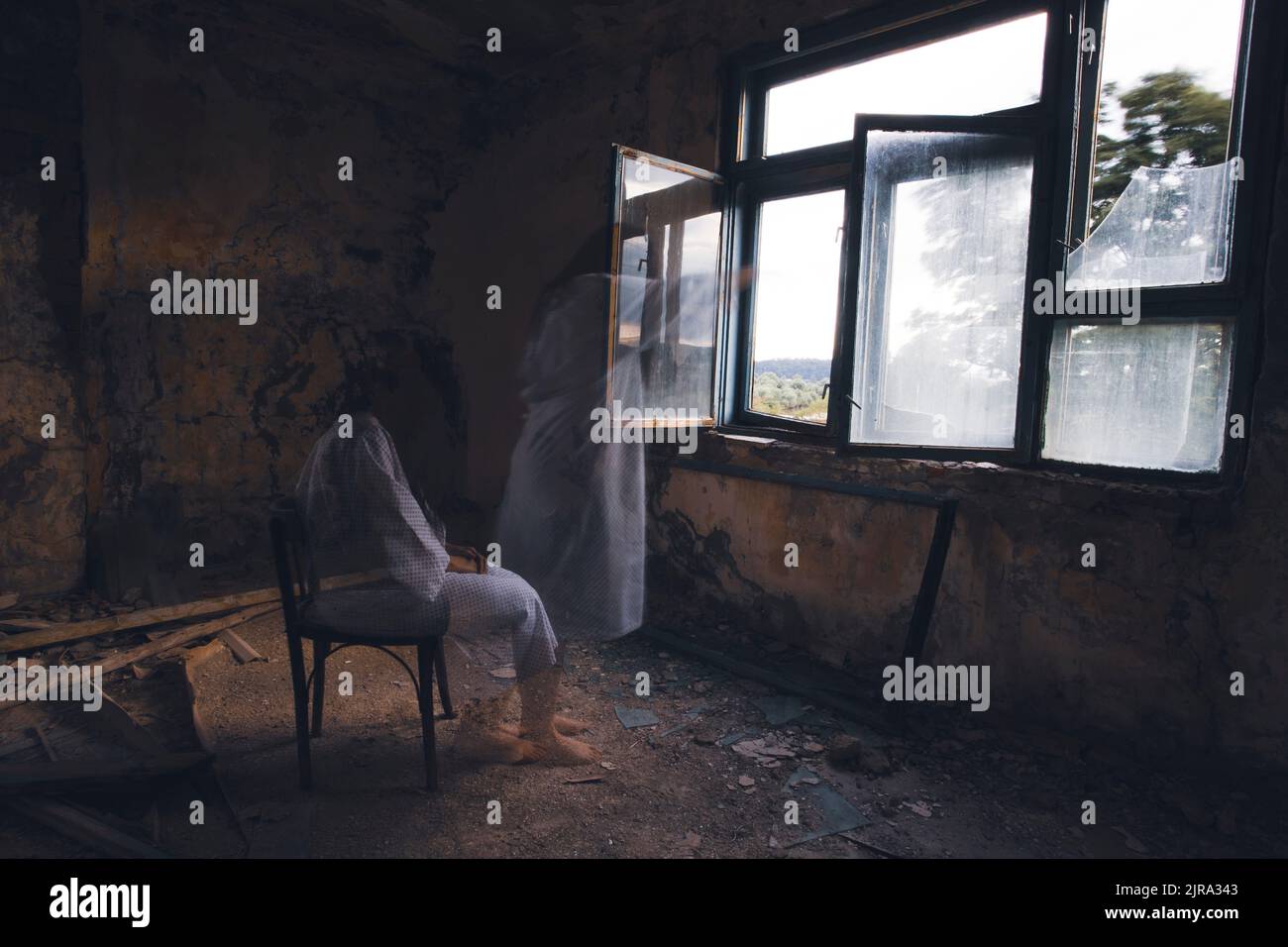 Ghost in abandoned, haunted house. Horror scene of scary spirit of a ...