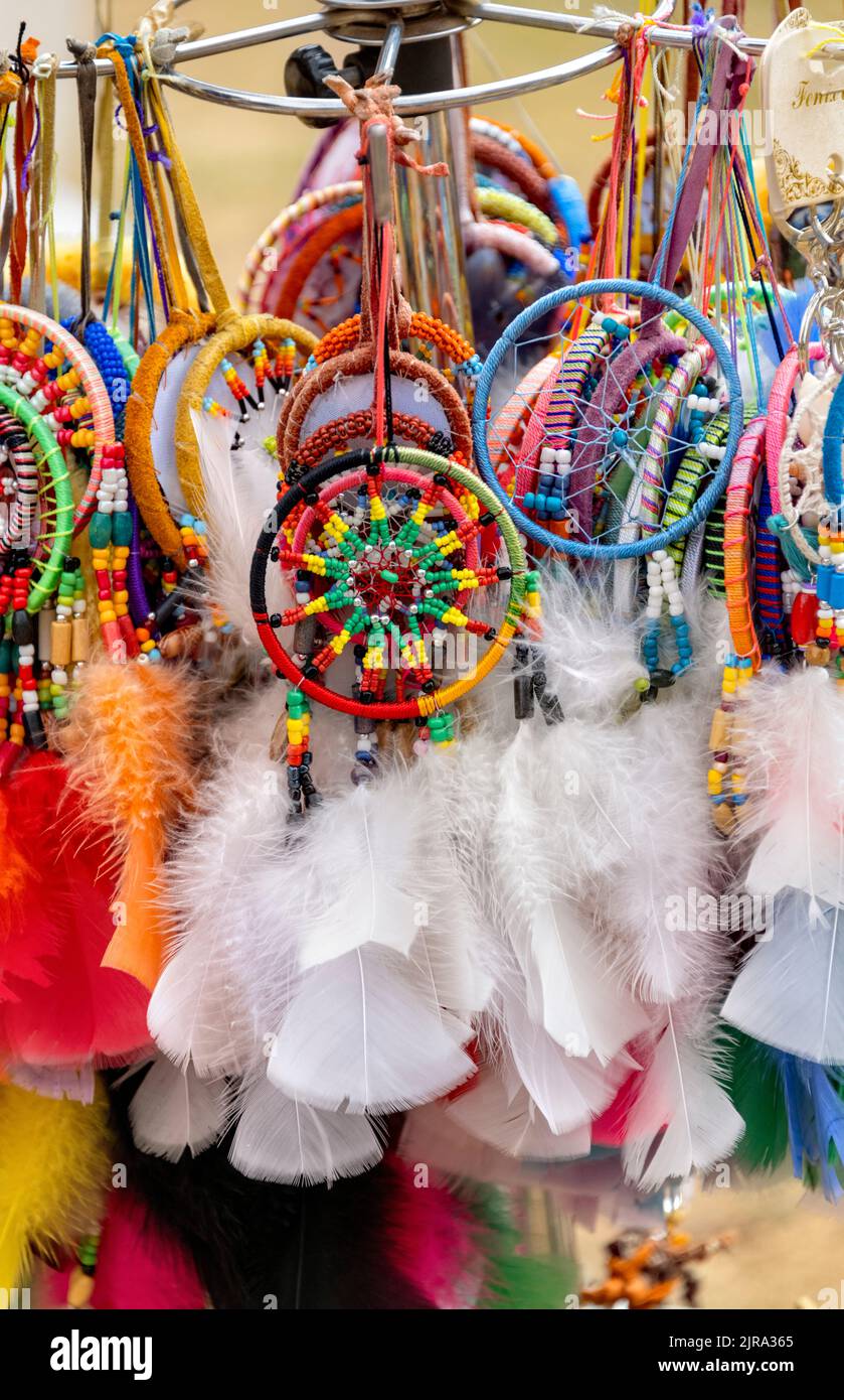 Colourful dreamcatchers on sale on market stall, Flamstead UK Stock Photo