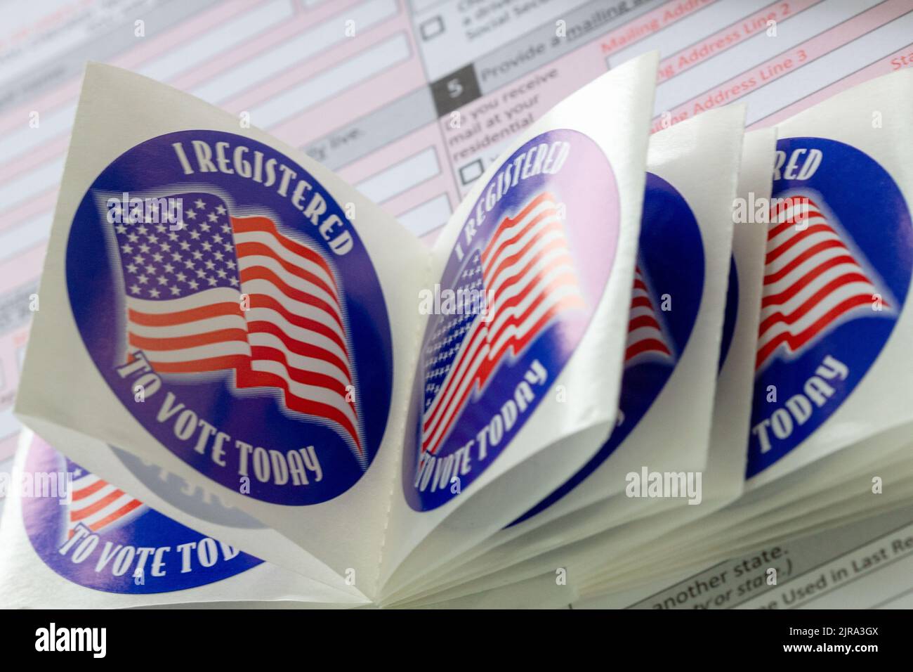 Stickers say 'I registered to vote today' for the 2022 mid-term election in the USA Stock Photo