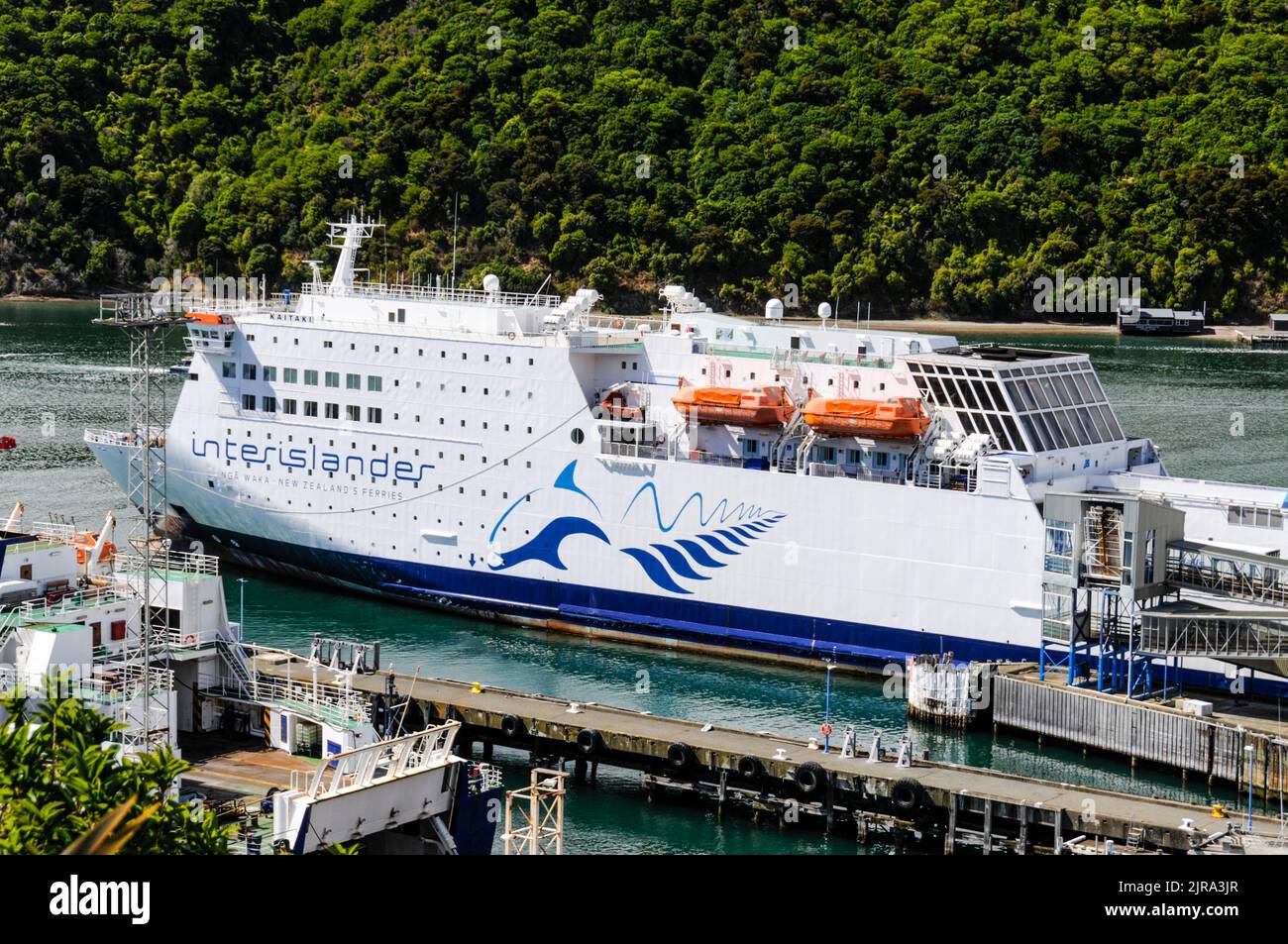 The Interislander Cook Strait ferry at the Picton passenger/car ferry terminal at the Pictor ferry port on South Island in New Zealand.  Picton serves Stock Photo