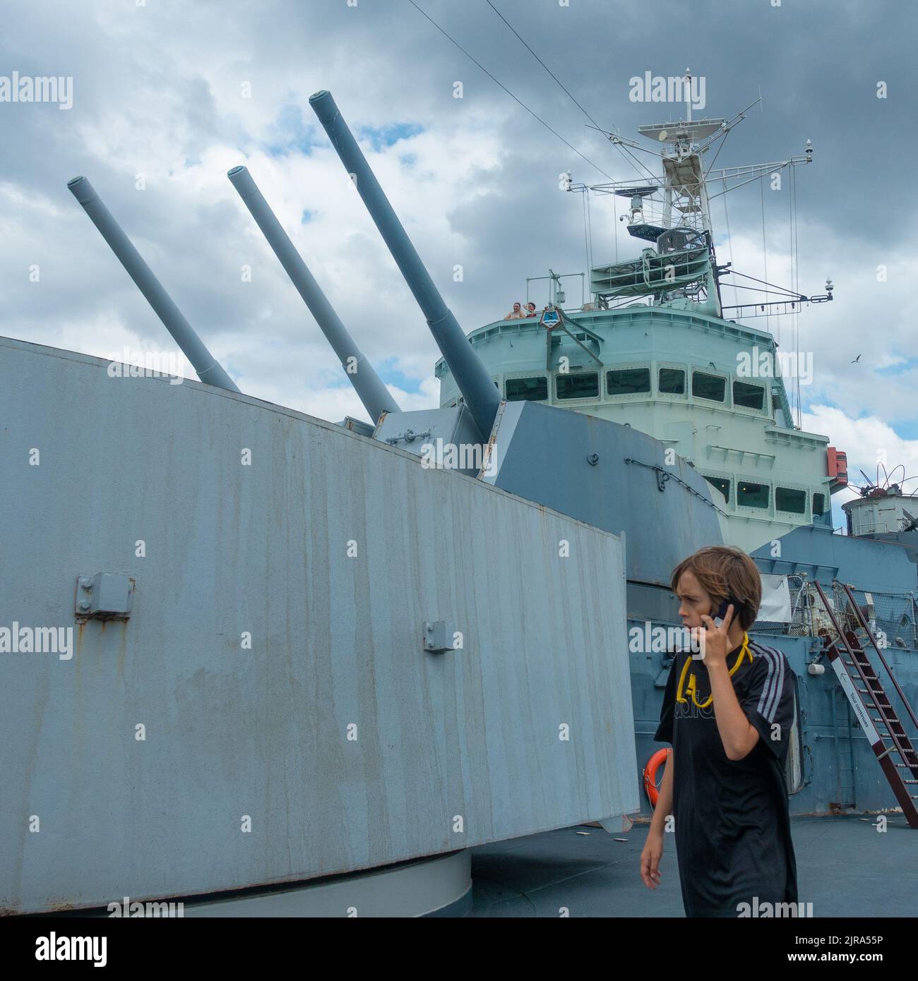 Boy on HMS Belfast Stock Photo