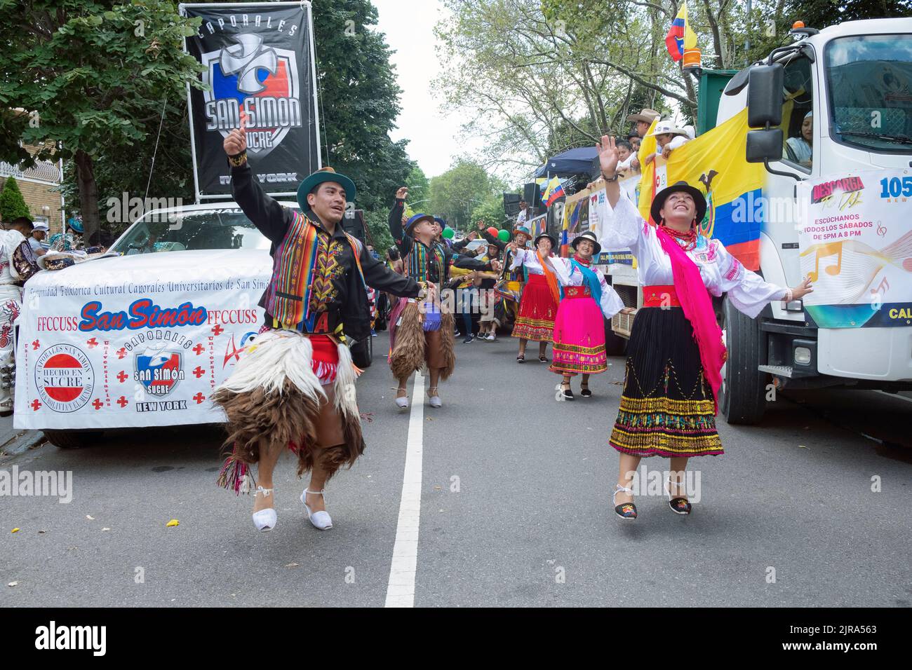 Members of the Nina Pakary dance troupe warm up prior to the Ecuadarian Parade NYC 2022 in Jackson Heights, Queens, New York. Stock Photo