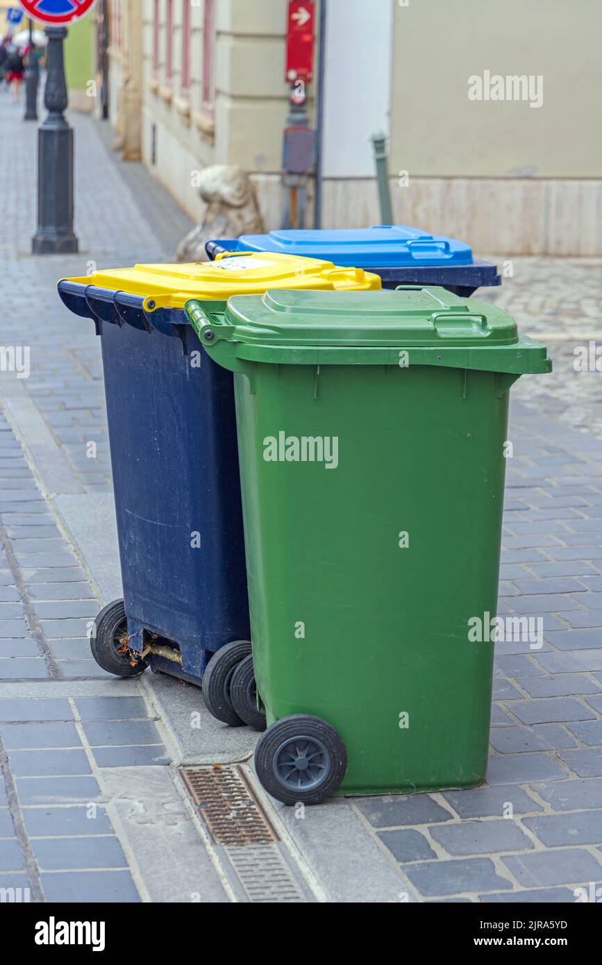 Sorting Waste Three Colour Coded Wheelie Bins at Street Stock Photo Alamy