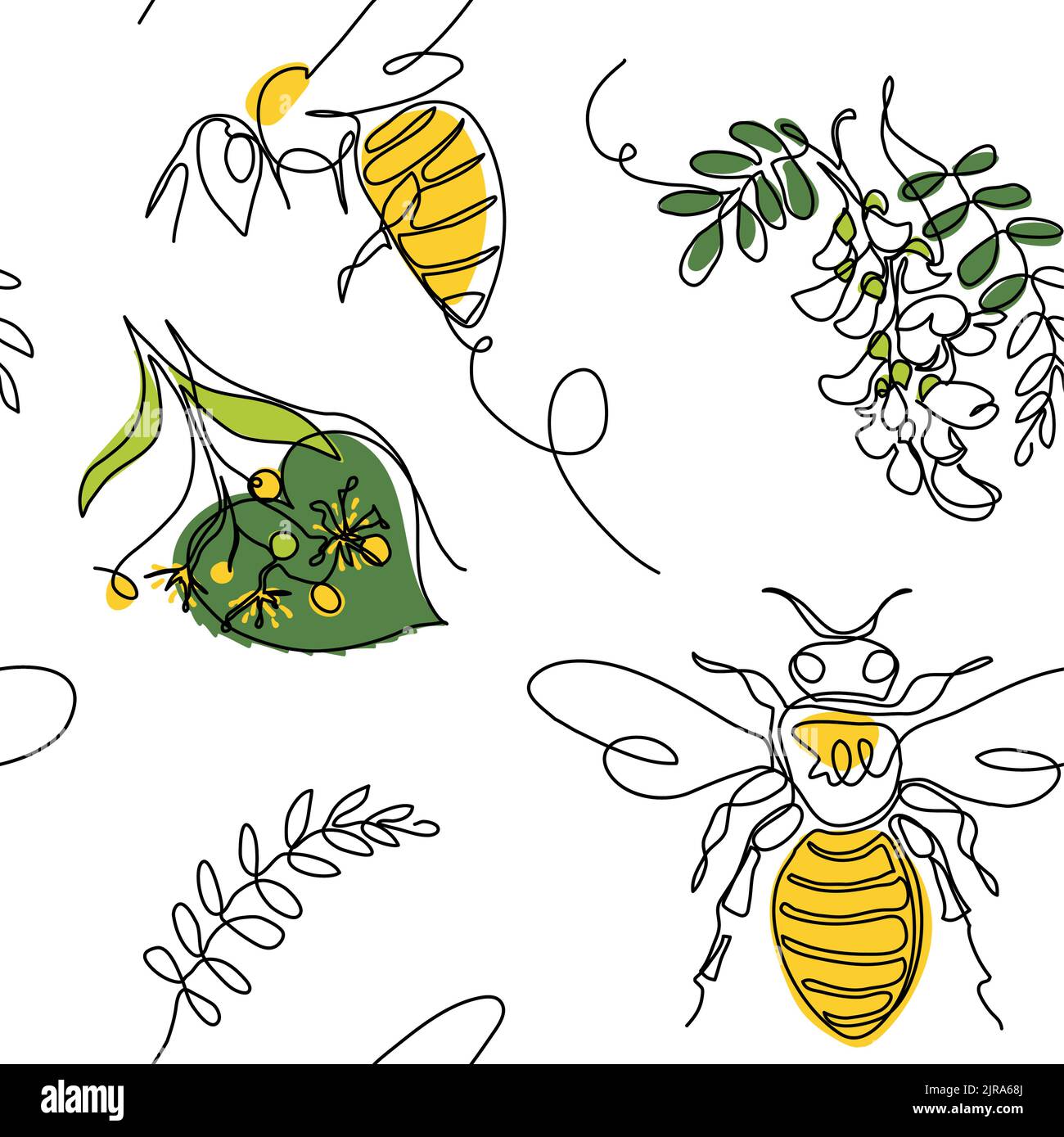 Bees pattern with linden blossom and acacia on black background. Vector bees pattern for fabric, texture, print, wallpaper, textile Stock Vector