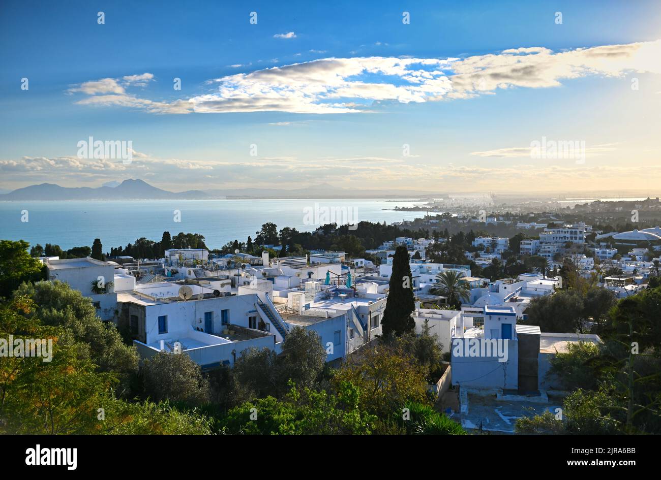 Tunisia, Sidi Bou Said: the town and its white houses with blue doors and rooftop terraces which combine Arabic and Andalusian architecture, set high Stock Photo