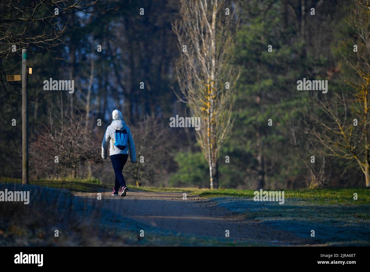 Marcy-l'Etoile, Domaine de Lacroix-Laval (central-eastern France): walk in the park in winter. Woman with a backpack, wrapped up in a coat, strolling Stock Photo