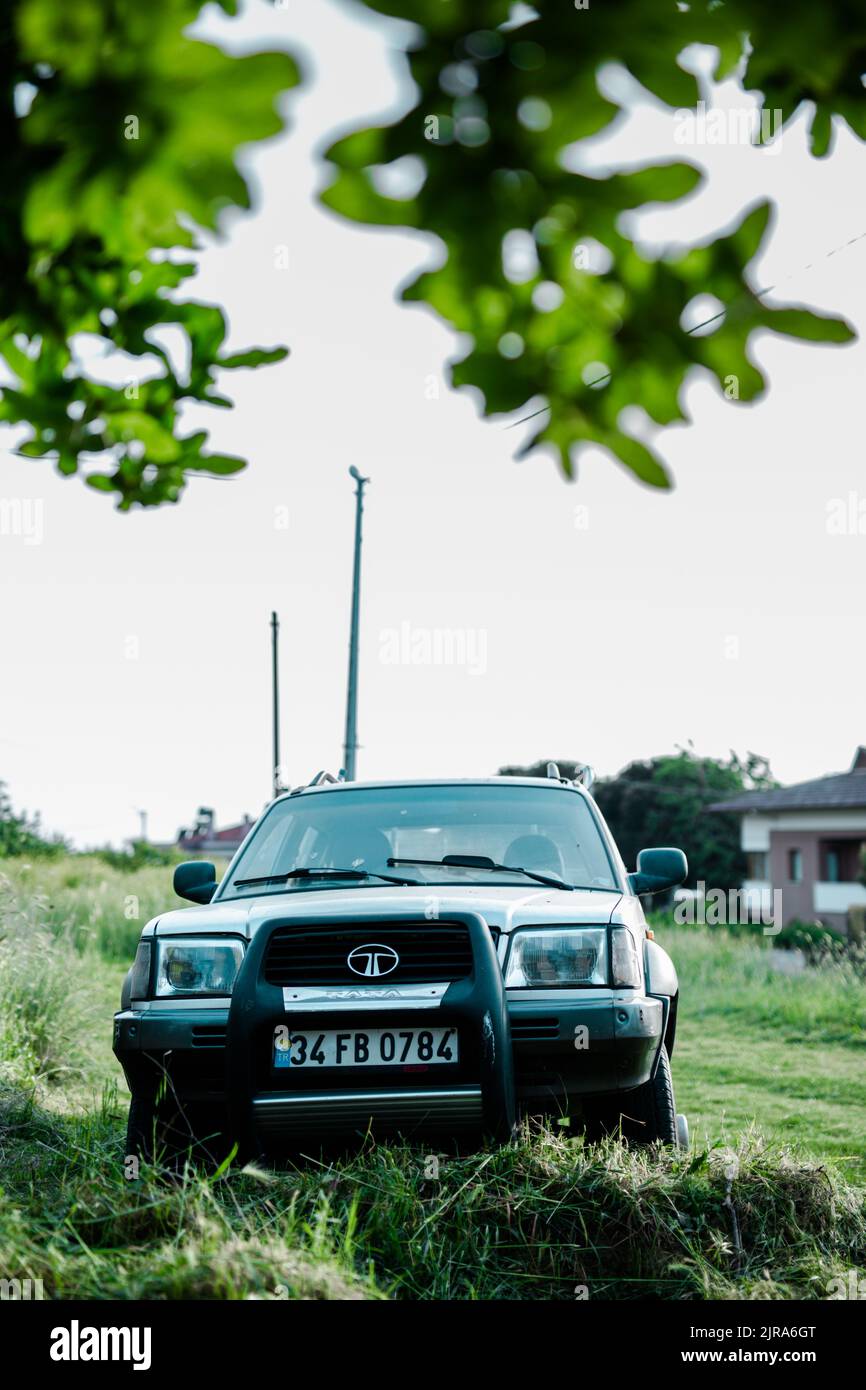 A vertical shot of a pick-up, off-road car parked in the green grass ...