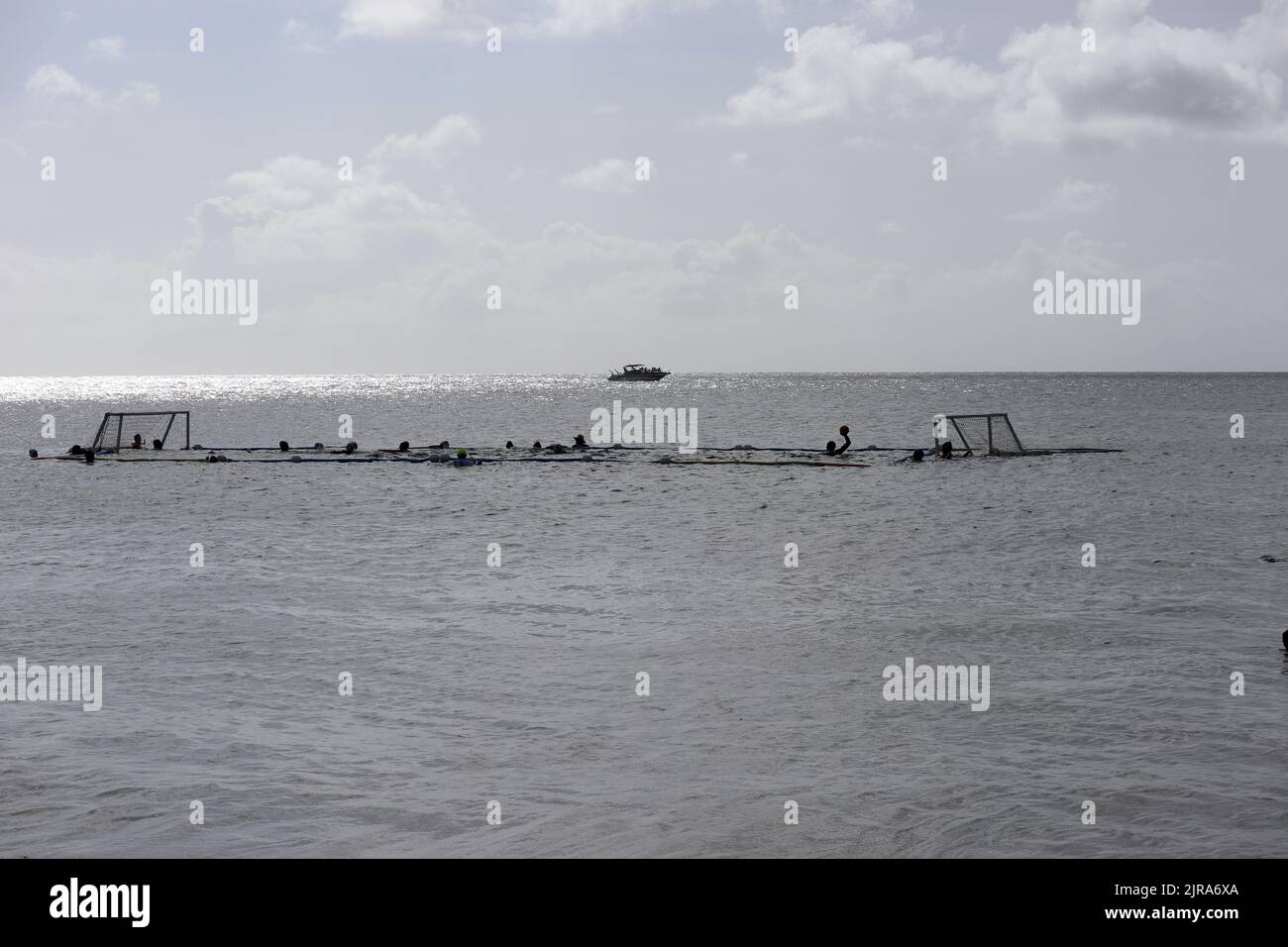 Water polo field at sea, Fernando de Noronha, Brazil. Free time activities. Summer vacation. Sea polo. Stock Photo