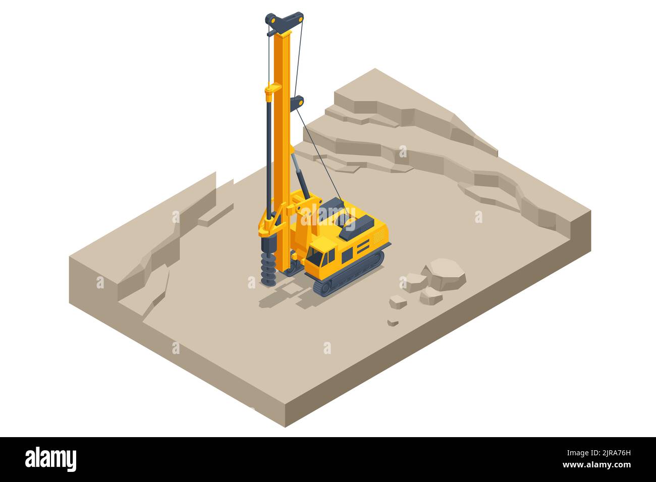 Isometric Track Drilling Machine. Drilling Tractor Working in the Mine. Mining Quarry, Mine. Equipment for high-mining industry. Stock Vector