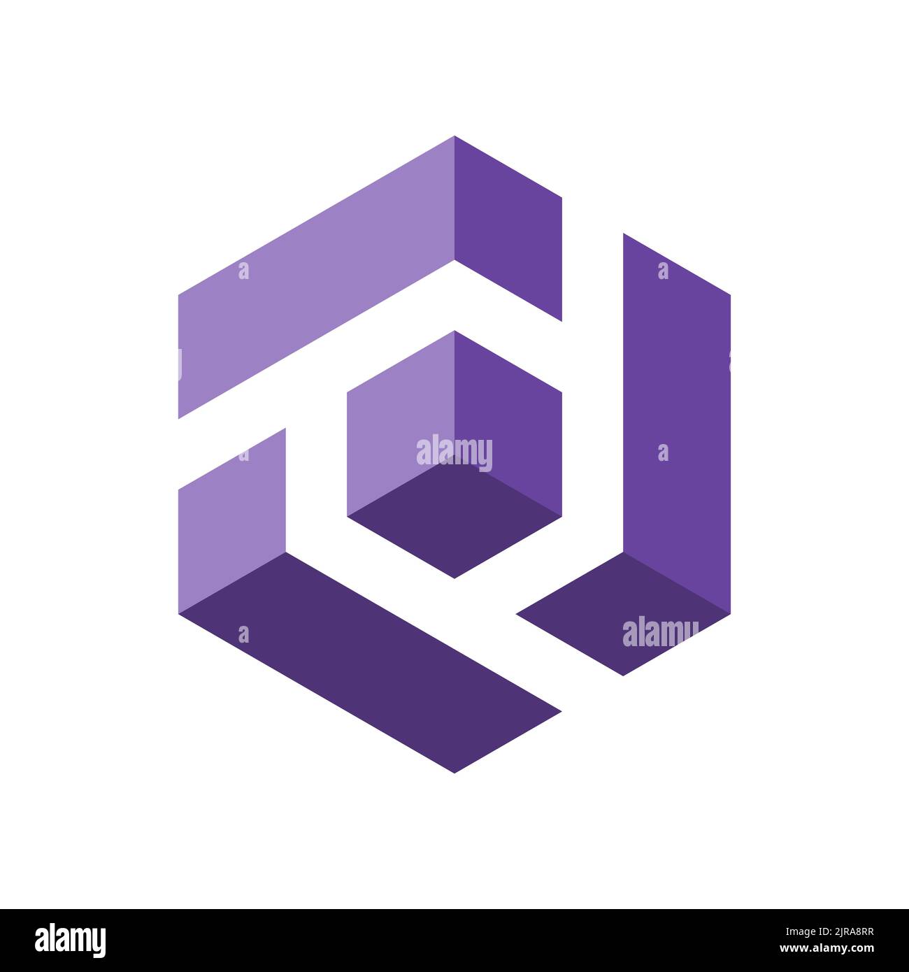 Letter D 3D logo. Letters D, T, P in a 3D cube. Number 6 in an isometric box. Lilac violet colors. Hexagon shape. Stylized stripe make modern monogram Stock Vector