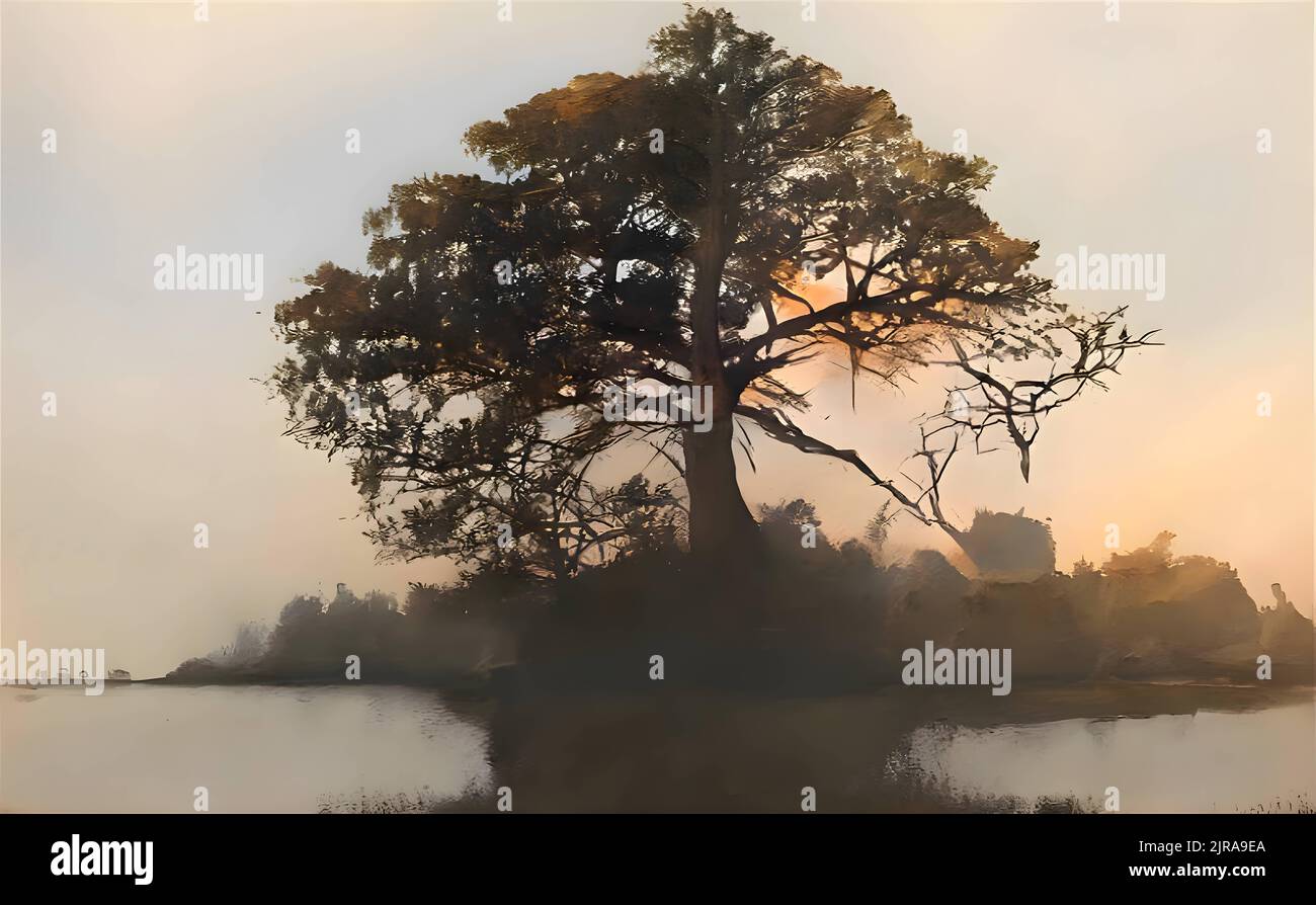 A watercolor painting of a tree by the lake Stock Photo - Alamy