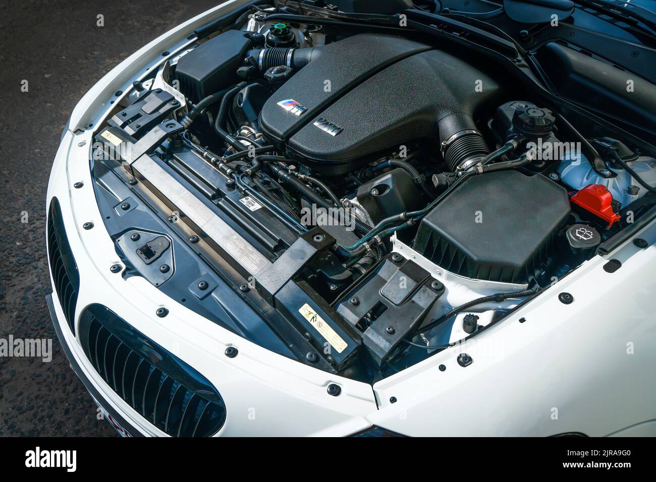 Berlin, Germany - August 14, 2022: BMW engine. Modern V10 engine in a German premium sports car. Automotive, motors, manufacturing concept. High quality photo Stock Photo