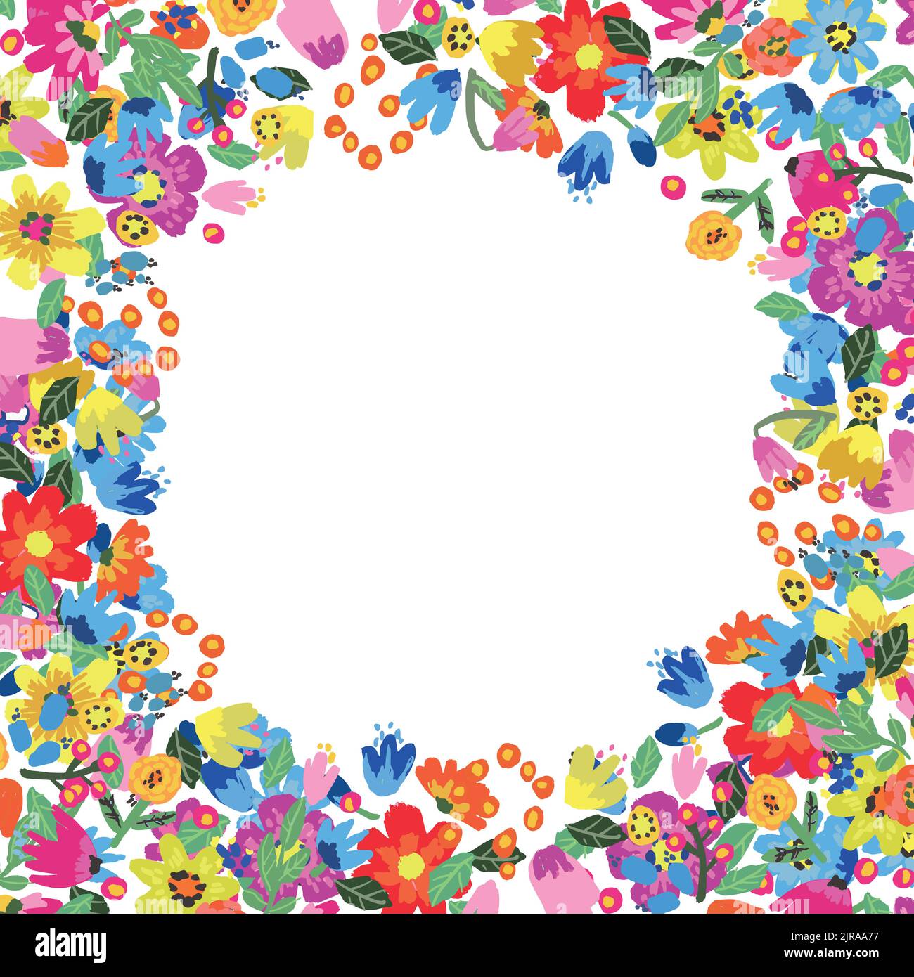 Vector floral frame. Bright summer flowers arrange in border on white