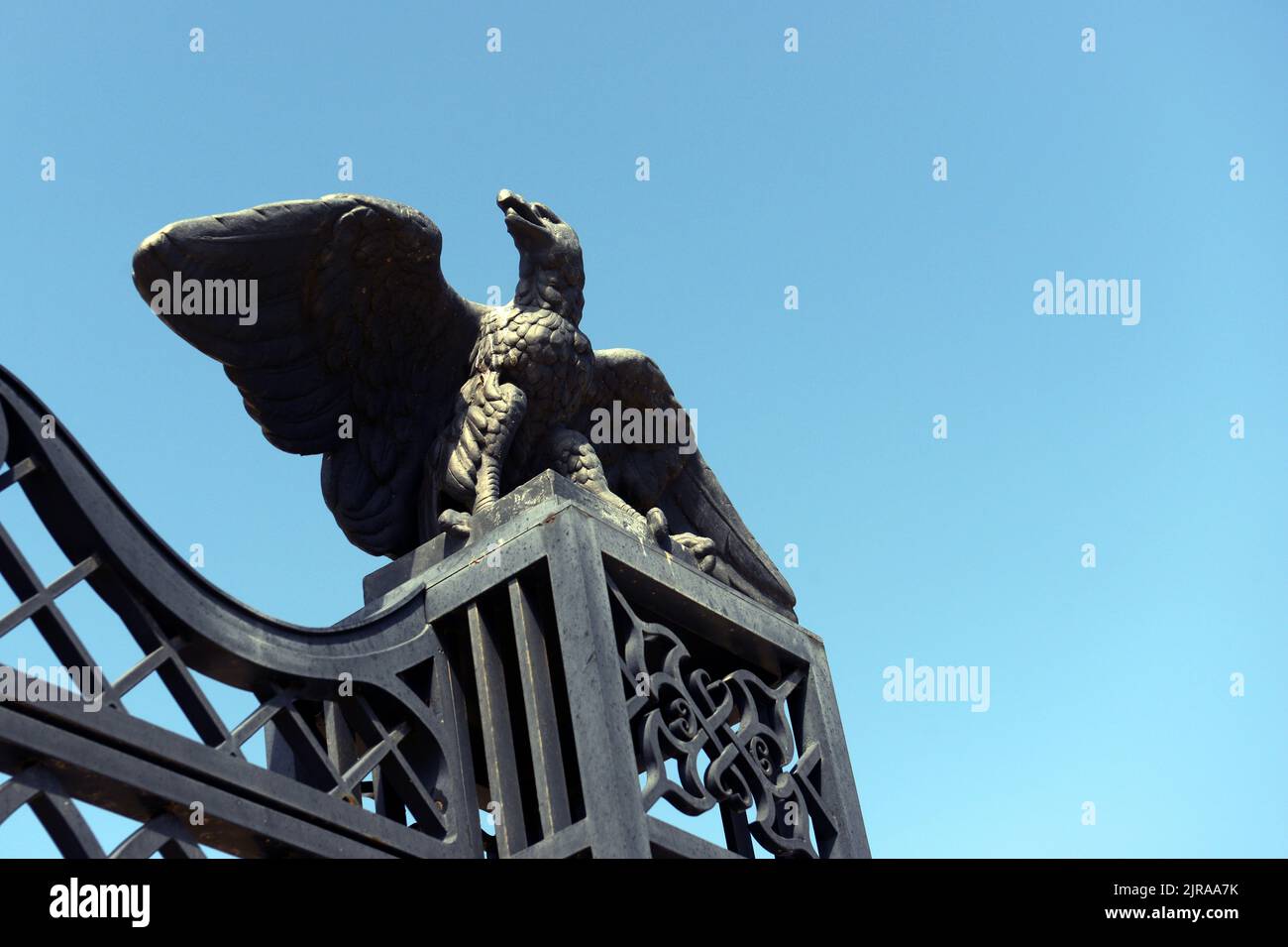 Decorative eagle sculpture on the gate of the upper entrance to the Bahai Garden in Haifa, Israel. Stock Photo