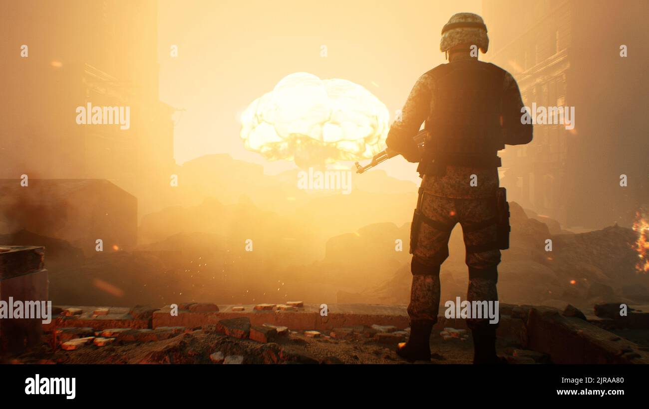 3D render of a soldier with a machine gun, standing in the ruins of a ruined city blazing with fire after a bombing and looking at a nuclear explosion Stock Photo