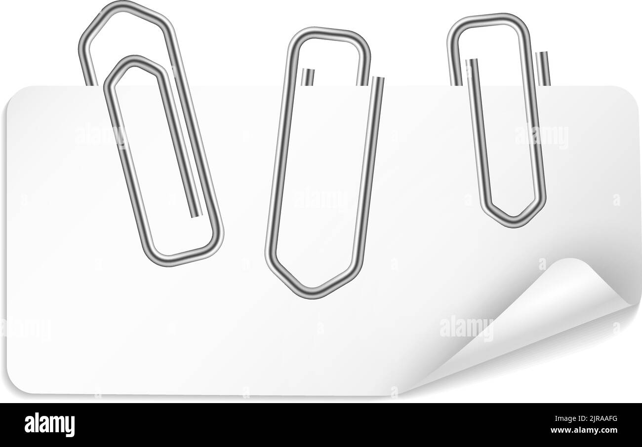 Blank label attached with paper clips. Realistic mockup Stock Vector