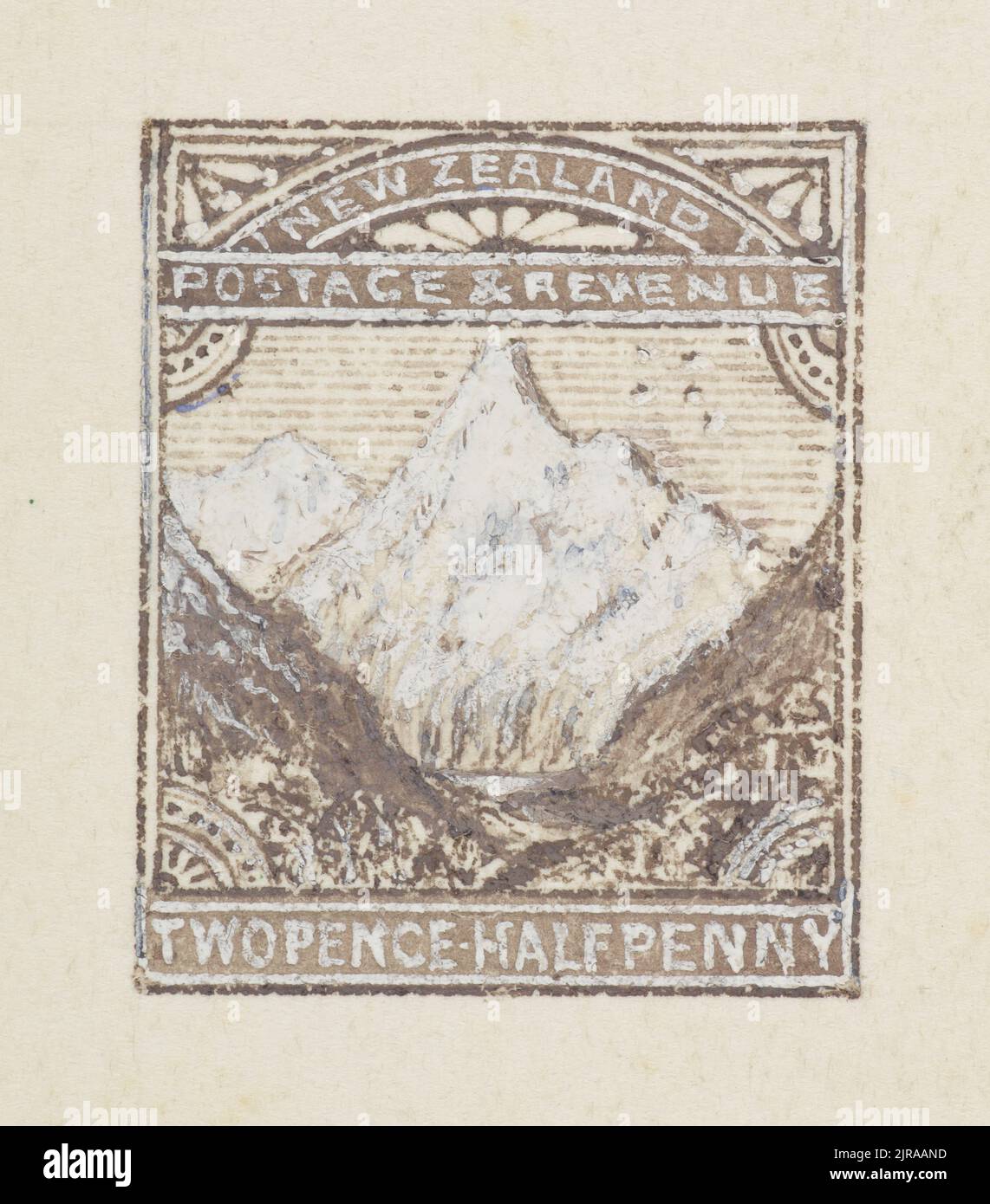 Watercolour 'Essay' in black and white for 1898 pictorial two and a half penny stamp, 1898, New Zealand, by William Bock. Stock Photo