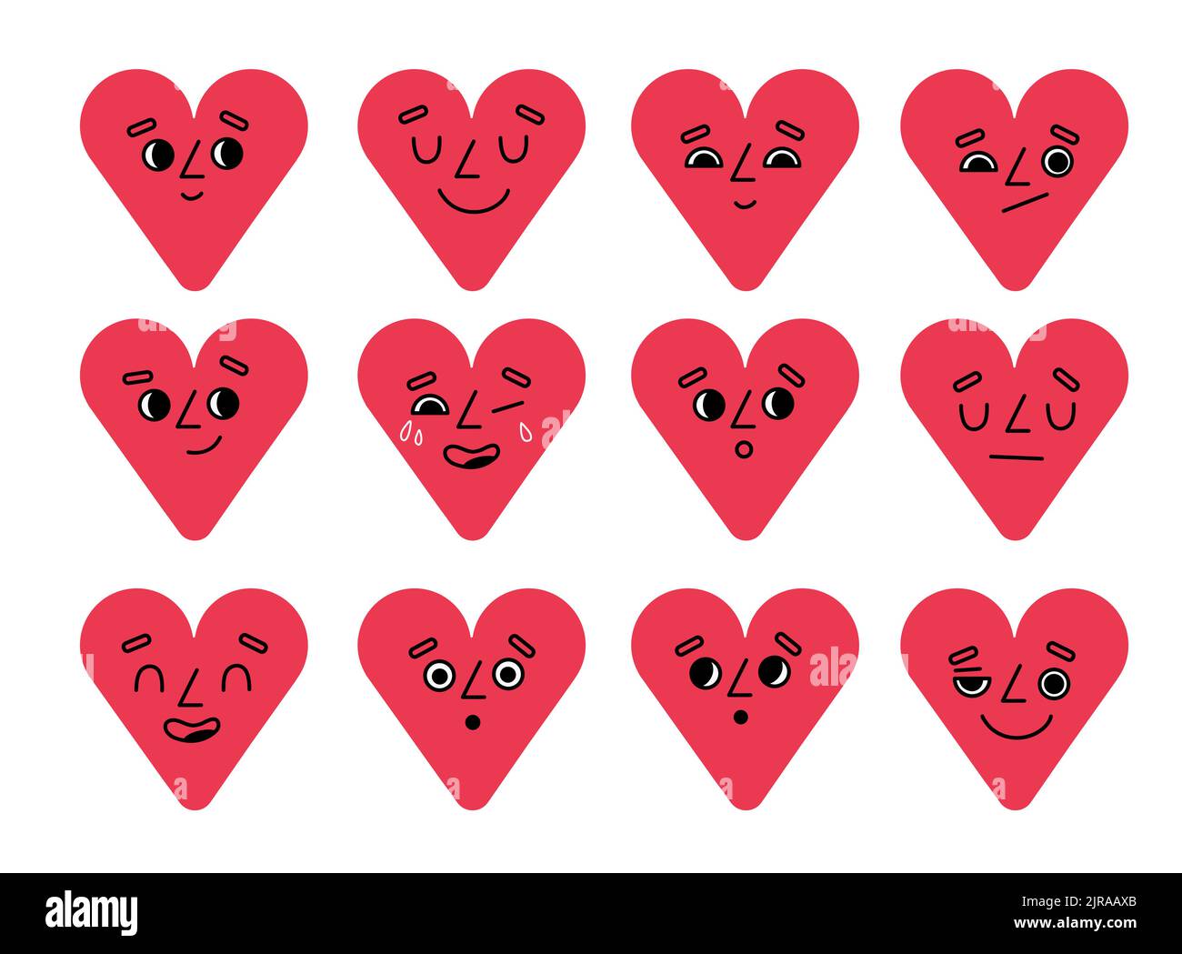Cartoon hearts emoji. Funny smiles characters, red love symbols stickers collection. Happy, surprised and laughing valentines faces, various Stock Vector