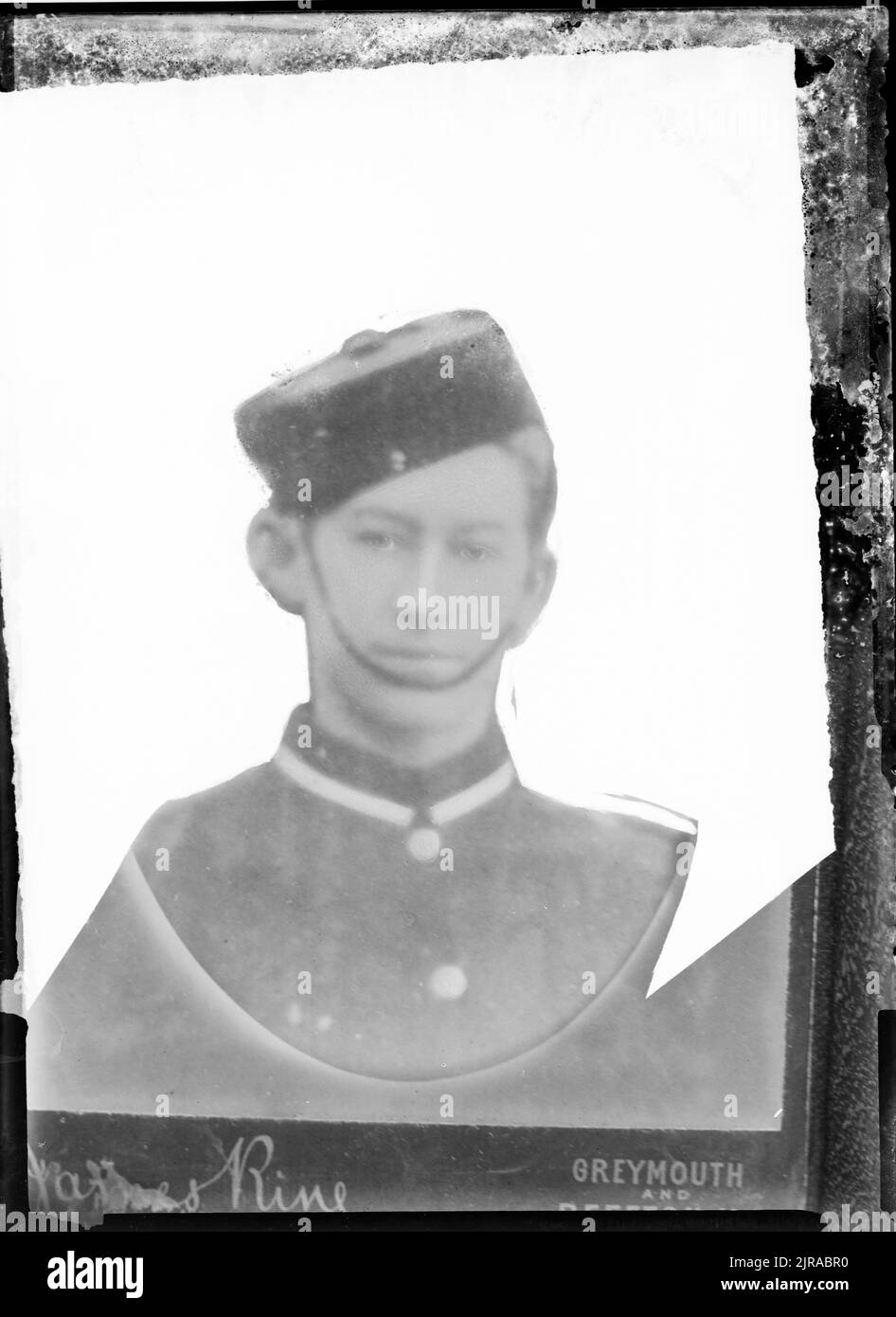 Copy of a portrait of a young man in uniform, circa 1880s, Greymouth, by James Ring, Berry & Co. Stock Photo