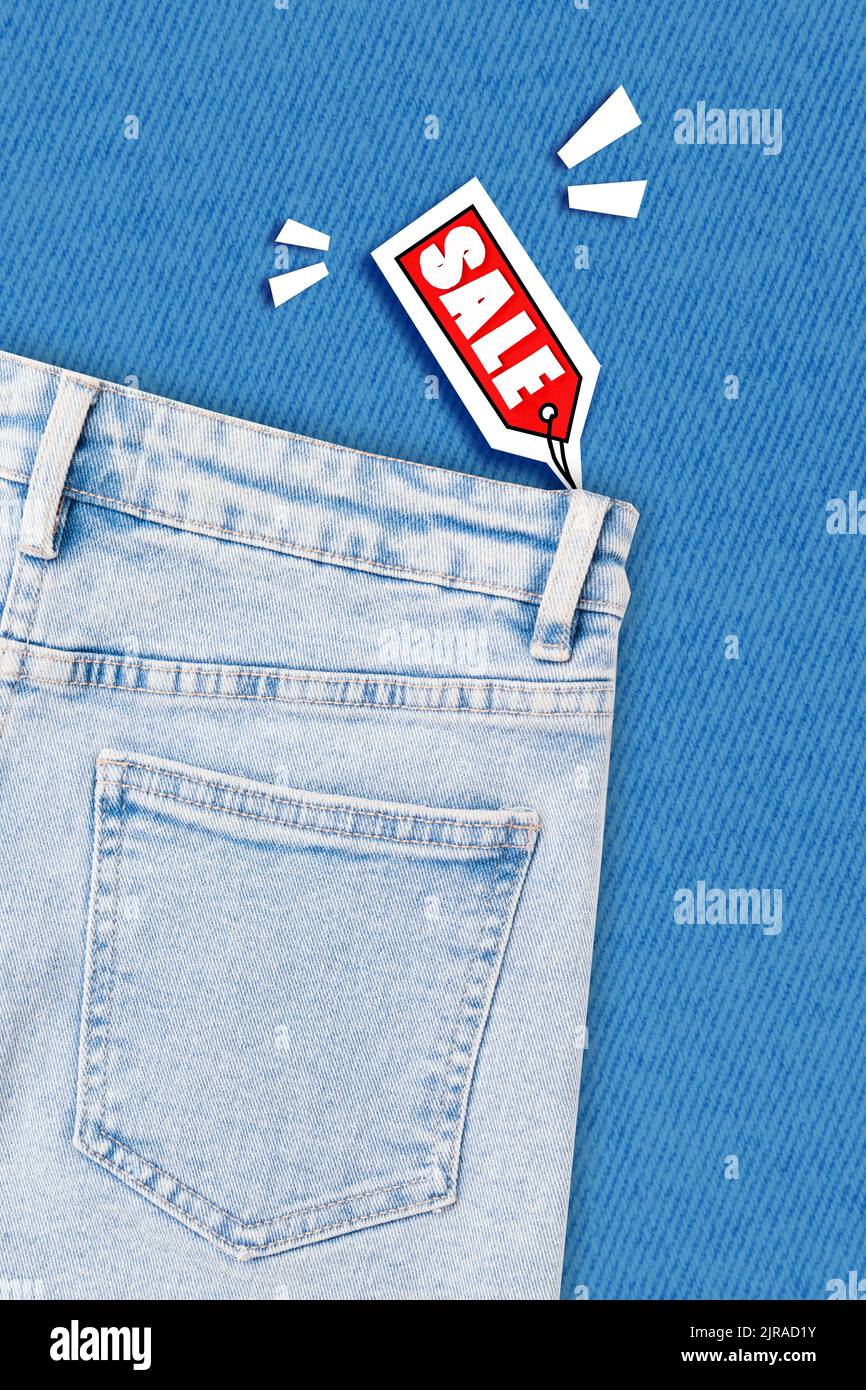 Collage photo of jeans denim clothes sale discount shopping mall nice