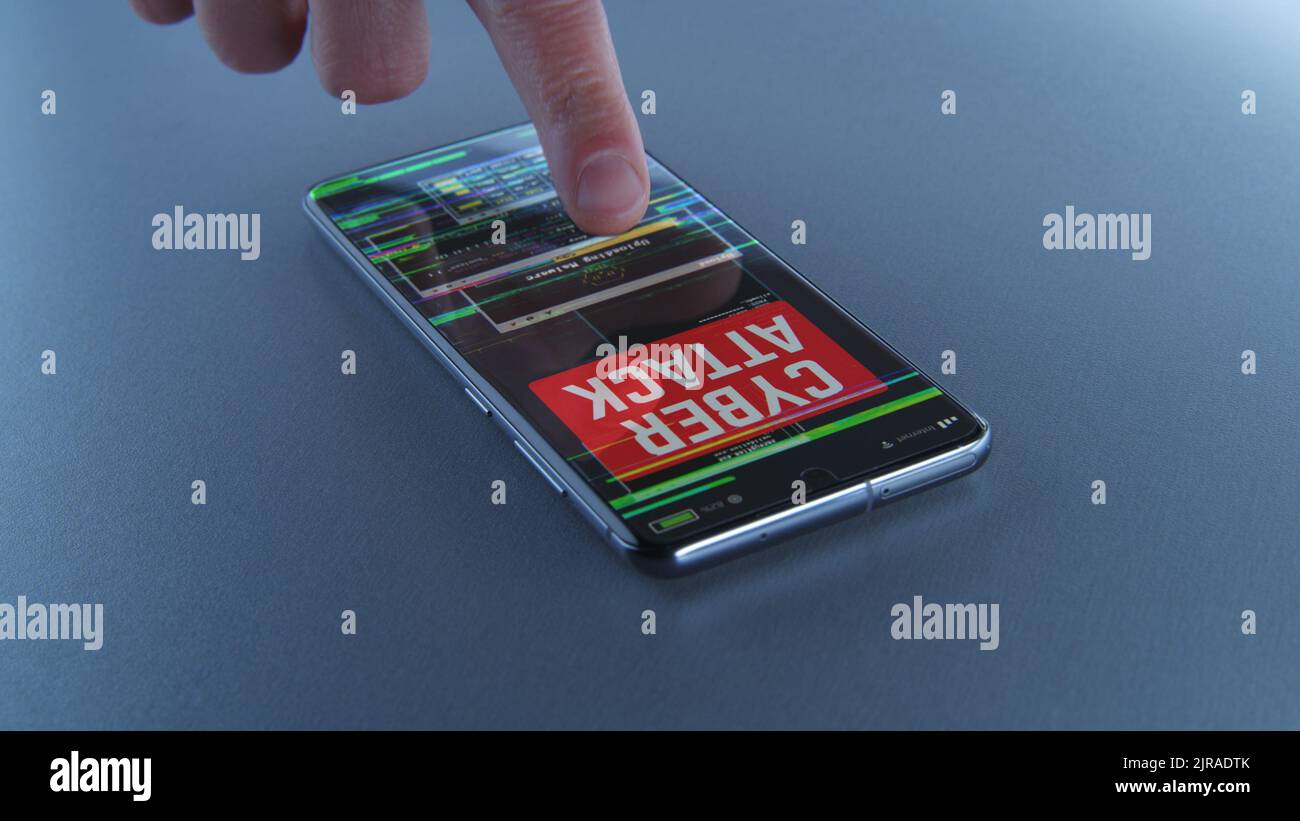 3D Render of crop person pressing screen of modern cellphone with ...