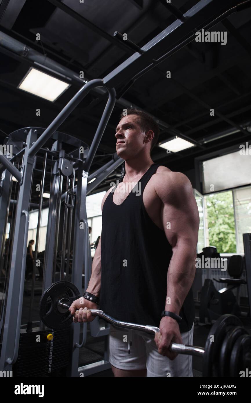 Vertical shot of a sportsman using ez curl bar doing biceps curls at the gym Stock Photo Alamy