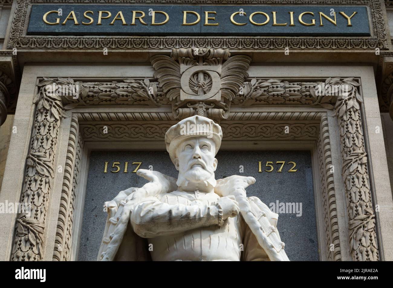 Monument of Gaspard de Coligny murdered during the Saint Bartholomew massacre in 1572 - by Gustave Crauk (1889) - Oratory temple, rue de Rivoli -Paris Stock Photo