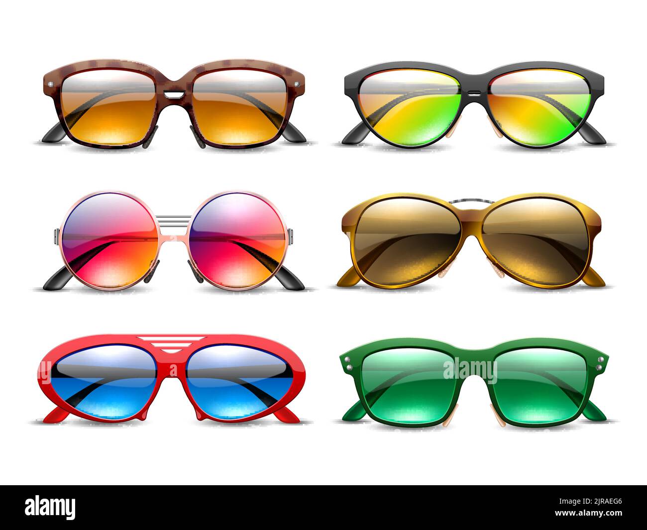 Realistic sunglasses. Tinted eyewear in colored plastic frames, bright darkened lenses, summer optics, sun eye protection, fashion accessory different Stock Vector