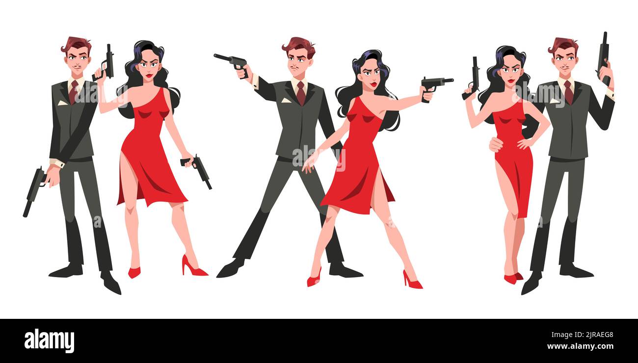 Secret super agents couple. Cartoon man and women spy characters with weapons, different poses, red dress and formal suit, gentleman and lady criminal Stock Vector