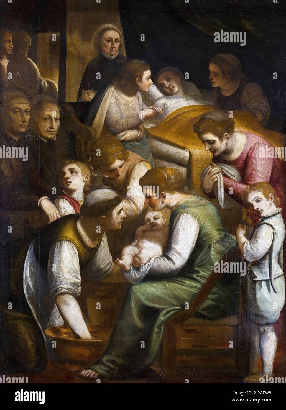 The Birth of Mary, painting in oil on canvas by Luca Cambiaso, circa 1570 Stock Photo