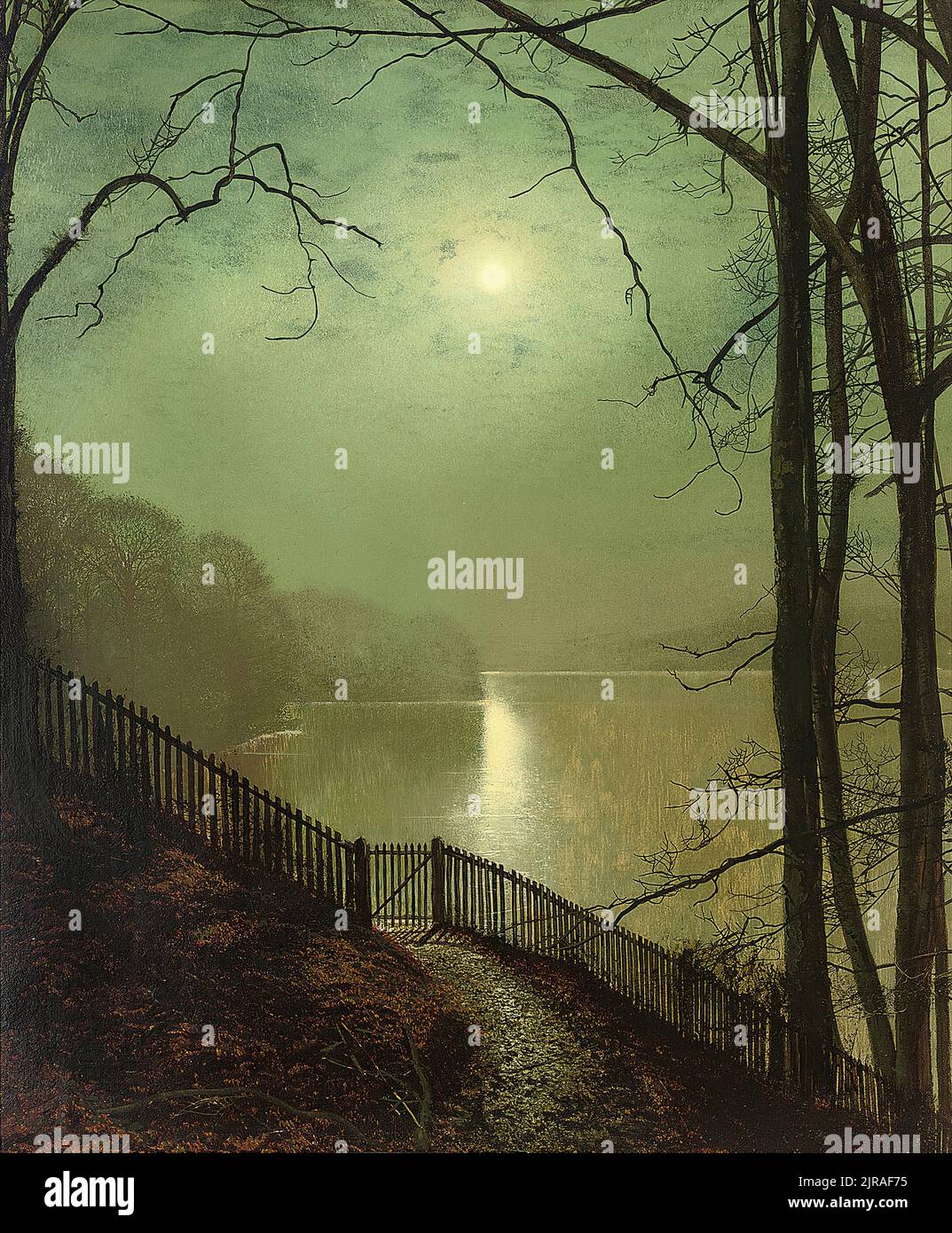 John Atkinson Grimshaw, Moonlight on the lake, Roundhay Park, Leeds, painting in oil on canvas, 1872 Stock Photo