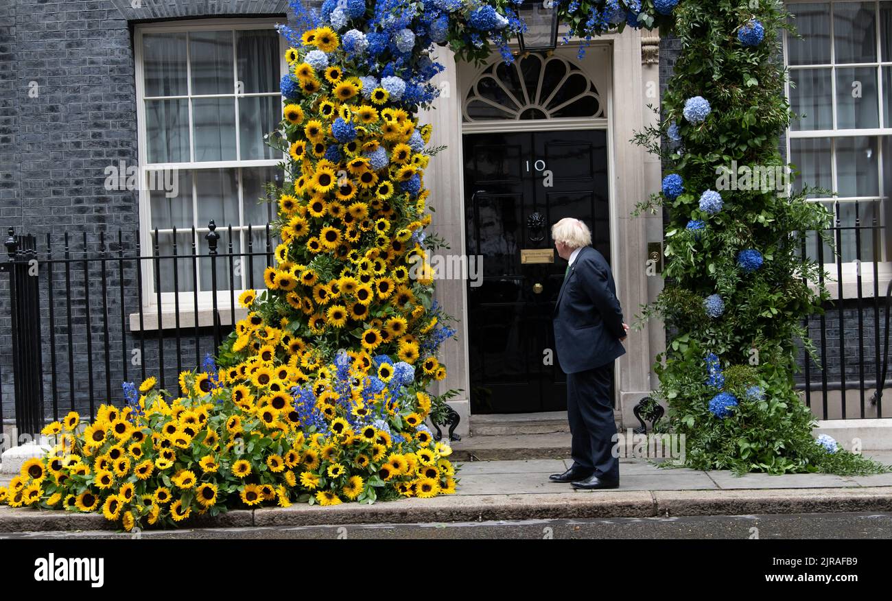 London, UK. 23rd Aug, 2022. EMBARGOED 9PM 23/08/22 Boris Johnson, MP, Prime Minister, outside the decorated door of 10 Downing Street for Ukraine Independence Day Credit: Ian Davidson/Alamy Live News Stock Photo