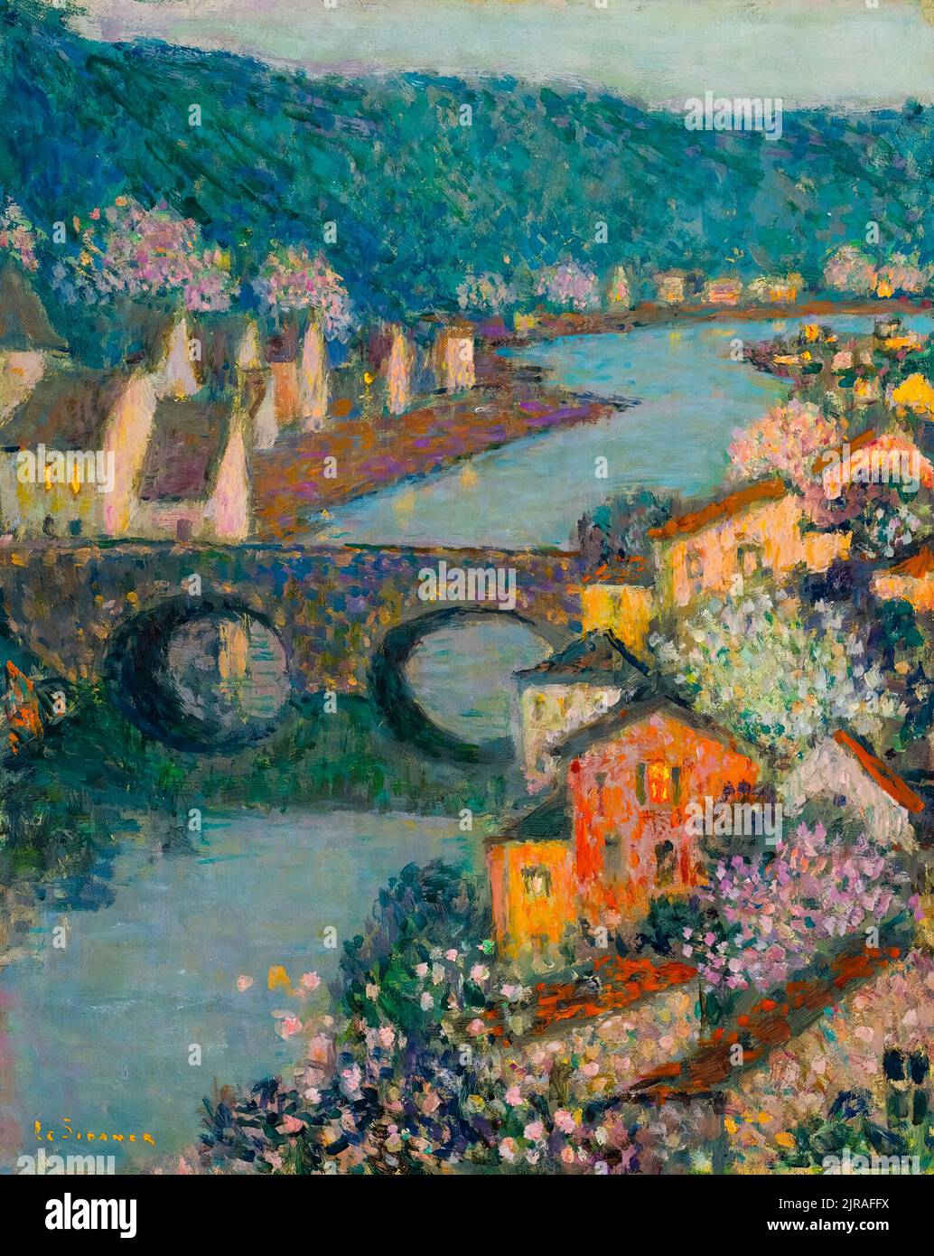 Henri Le Sidaner painting, Les Maisons Sur La Rivière (The Houses On The River), oil on panel, circa 1938 Stock Photo