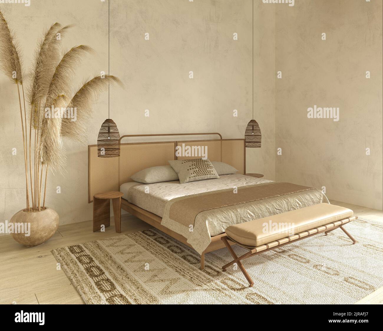 Mock up frame in bedroom interior design. Beige room with natural wooden furniture. Scandinavian style. 3d render illustration. Stock Photo