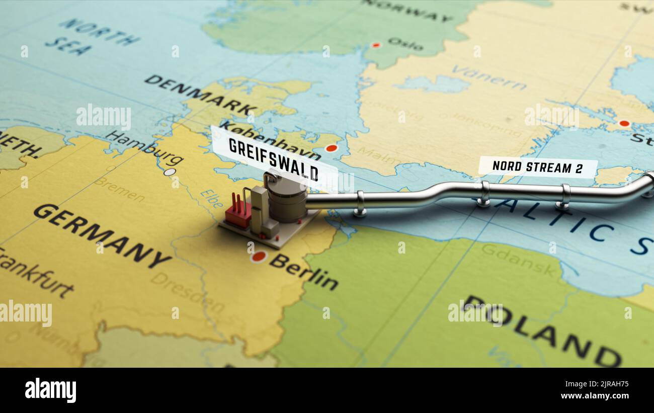 3D Render of Nord Stream 2 gas - 3d Render Of Nord Stream 2 Gas Pipeline Emerging On Map Of Europe Connecting Russia And Germany Through Baltic Sea 2JRAH75 