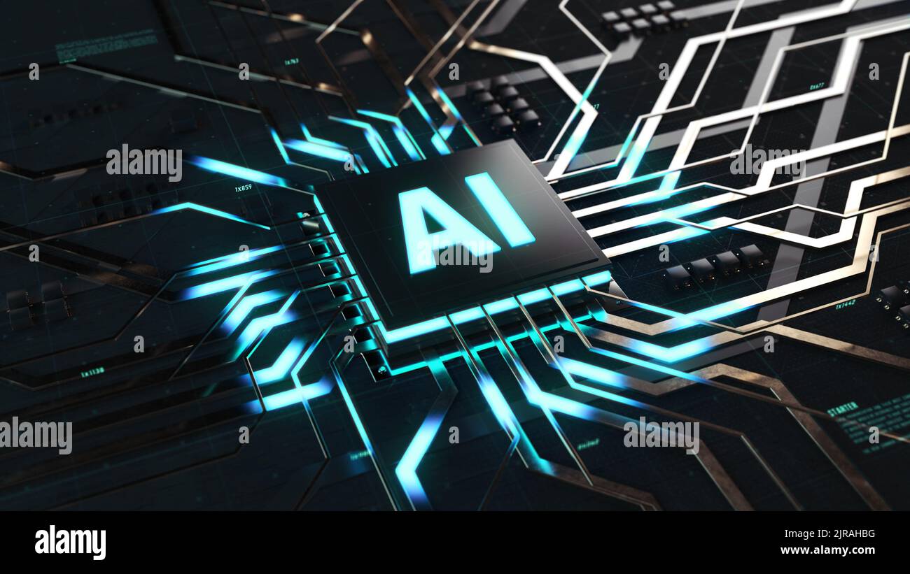 3D Render of abstract visualisation design of Artificial intelligence concept of digitalization, microchip with AI Symbol starting to process information and cloud computing data, digital lines move from the processor Stock Photo