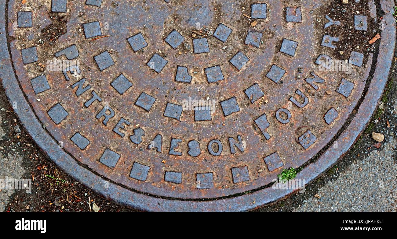 Pentresaeson Foundry cast iron embossed grid, Wrexham, North Wales, Cymru, UK Stock Photo